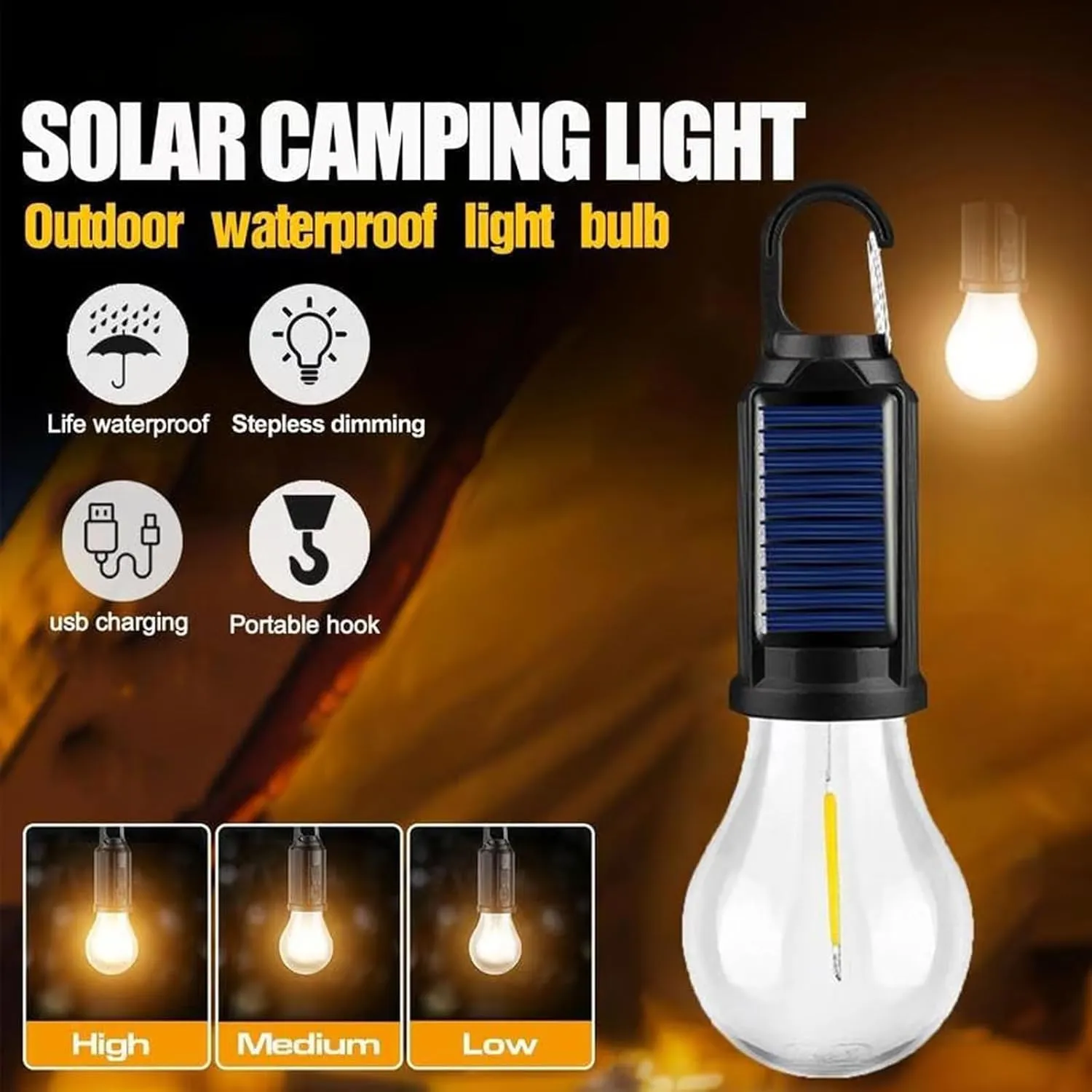 Solar Rechargeable Hooked Camping Light, Solar Tent Lights USB Rechargeable LED Camping Lantern, Outdoor Hanging Light Bulbs, Portable Outdoor Waterproof Emergency Light Bulb (Spherical,4 PCS)