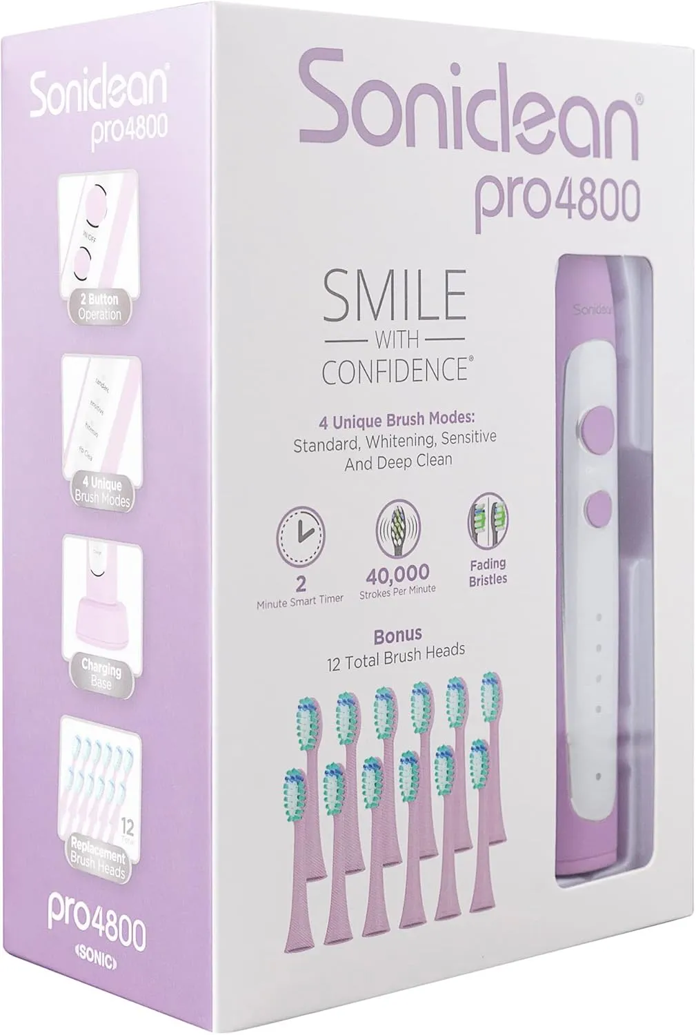 Soniclean Pro 4800 Electric Toothbrush for Adults - 12 Soft Bristle Heads, Rechargeable, Lilac
