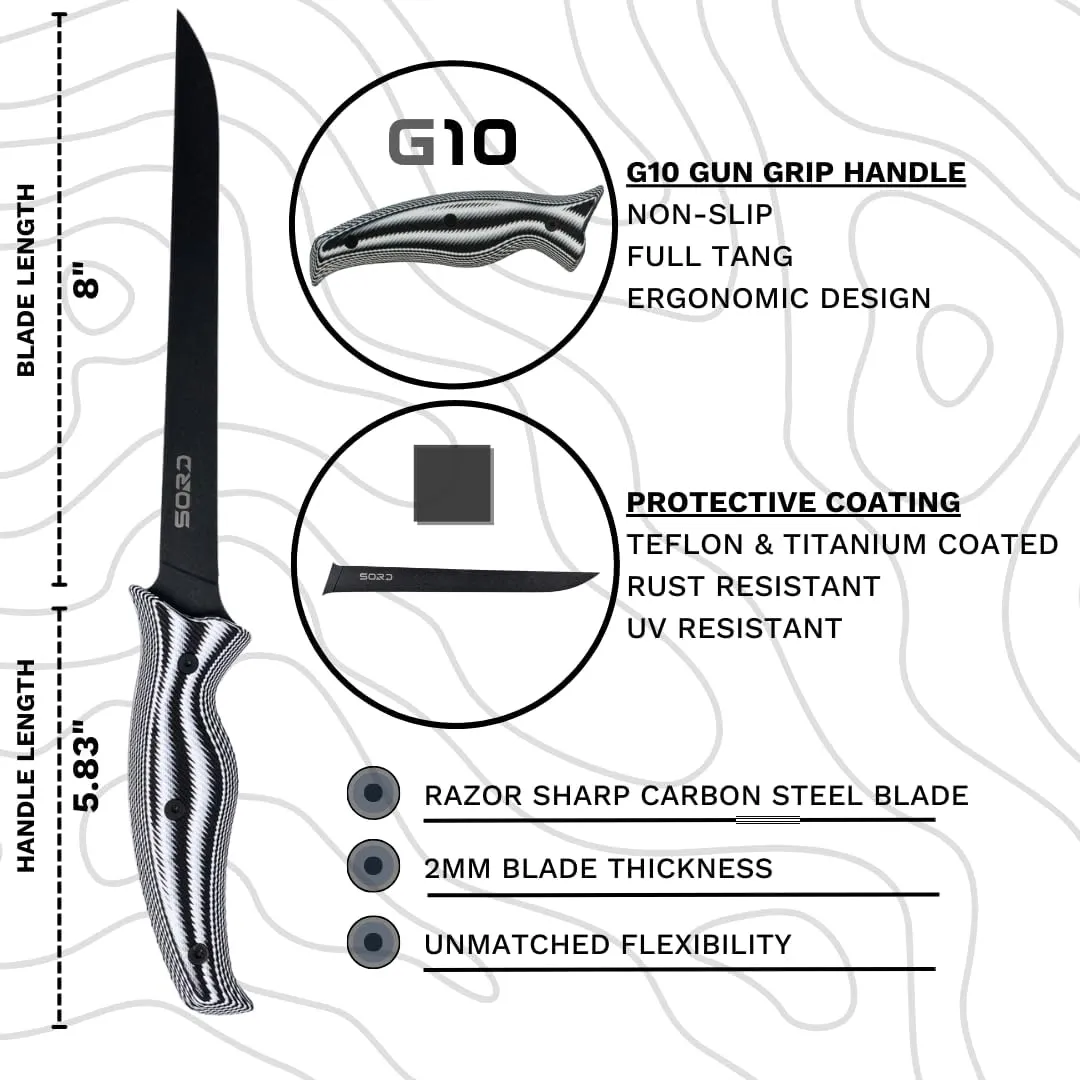 SORD 5-9' Fillet Knife - Fishing & Meat Cutting with Sheath - Razor Sharp Carbon Steel Filet Knife for Cleaning Fish and Skinning - Full Tang G10 Handle | Corrosion Resistant