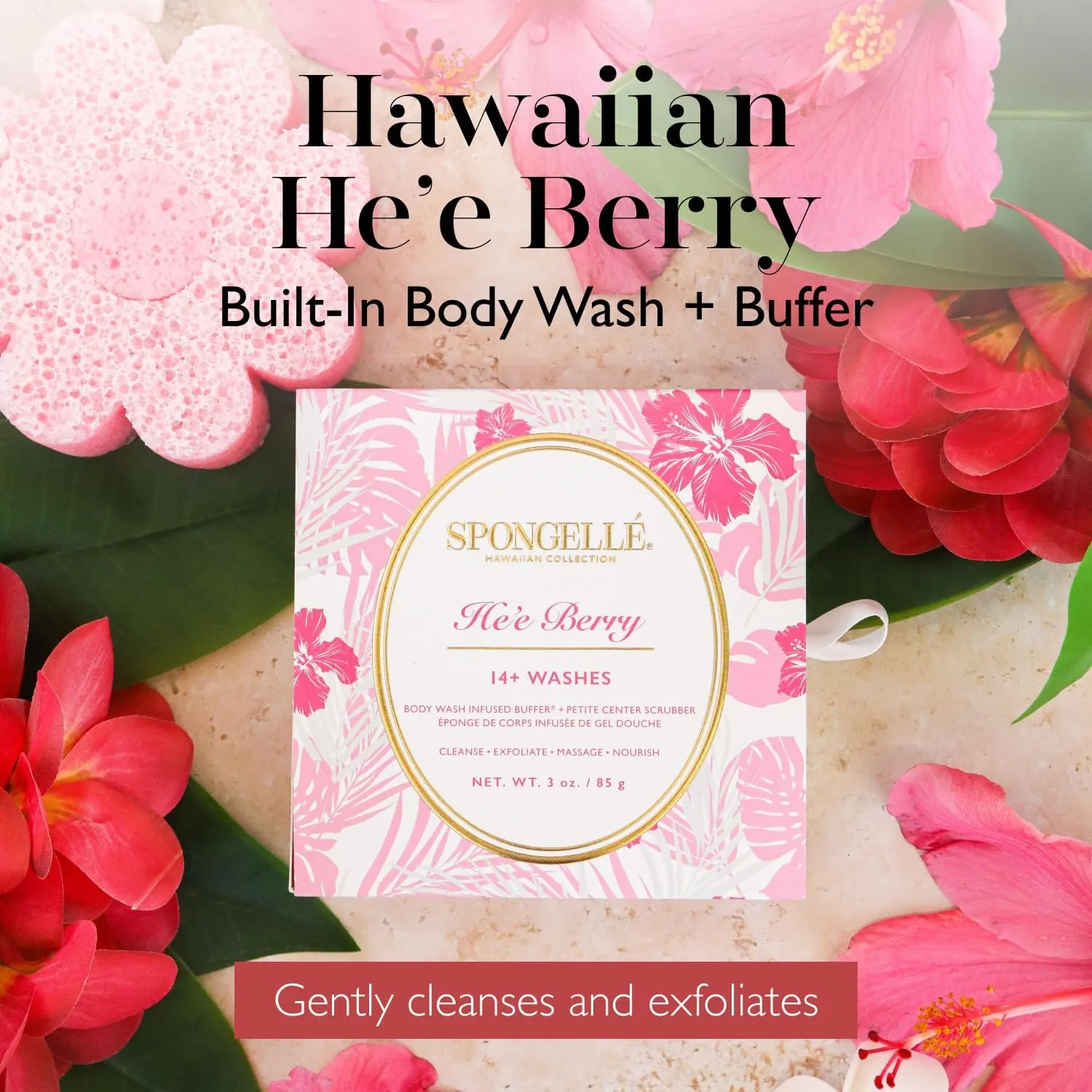 Spongellé He'e Berry Hawaiian Buffer | Body Wash Infused Sponge with Awapuhi & Kukui Nut Oil | Exfoliates & Hydrates | 14  Uses