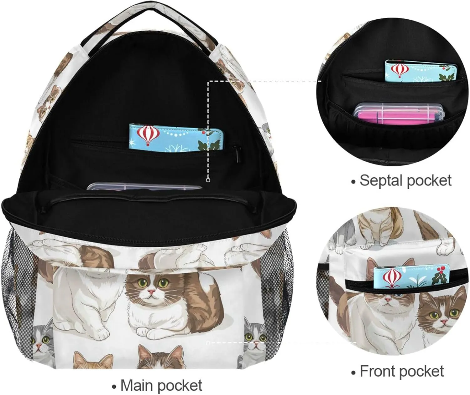 Sport Backpack for Women Men Waterproof Backpack with Chest Strap for College Work Cartoon Cute Cat