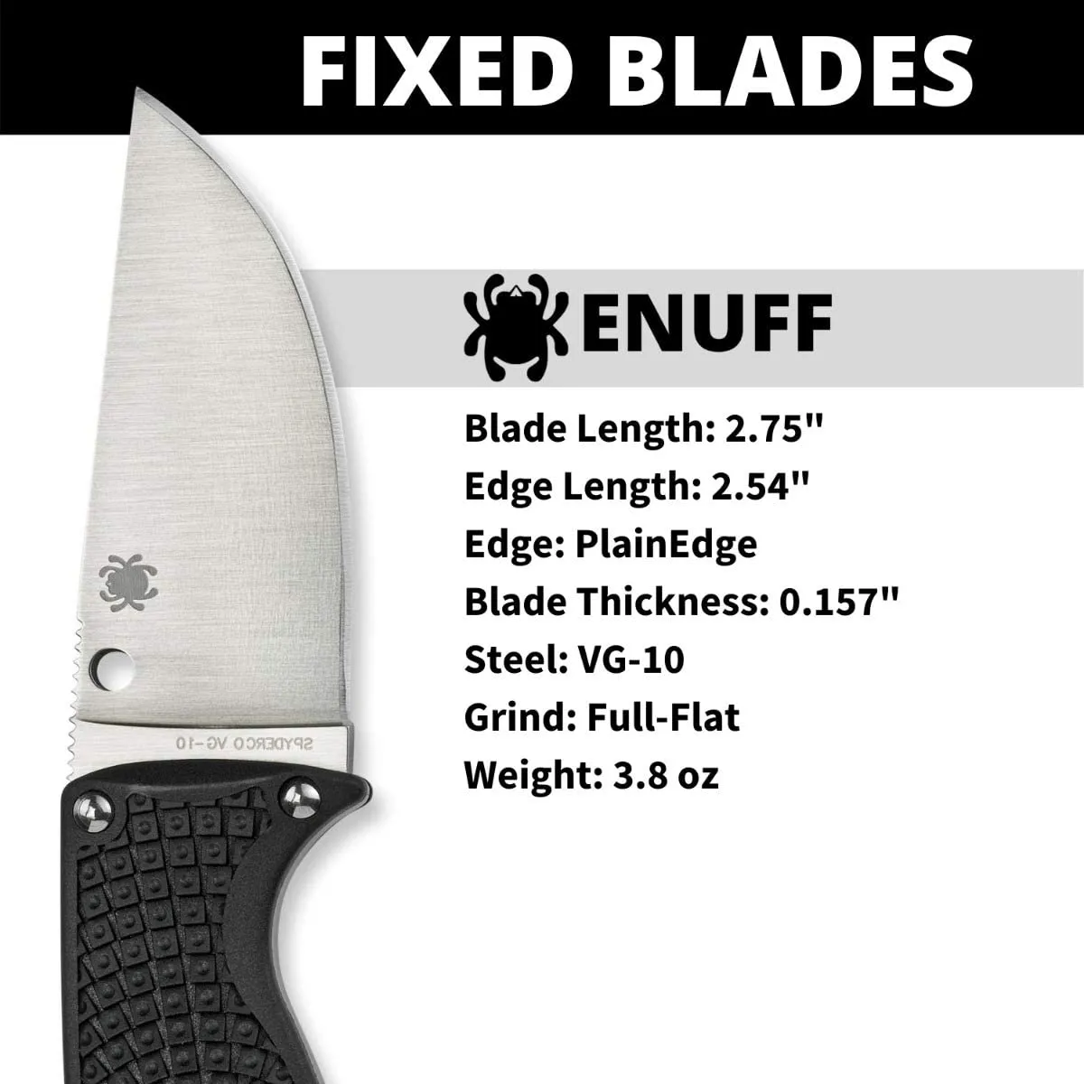 Spyderco Enuff FRN Black Clip Point FB31CPBK Fixed Plain Edge Blade Knife