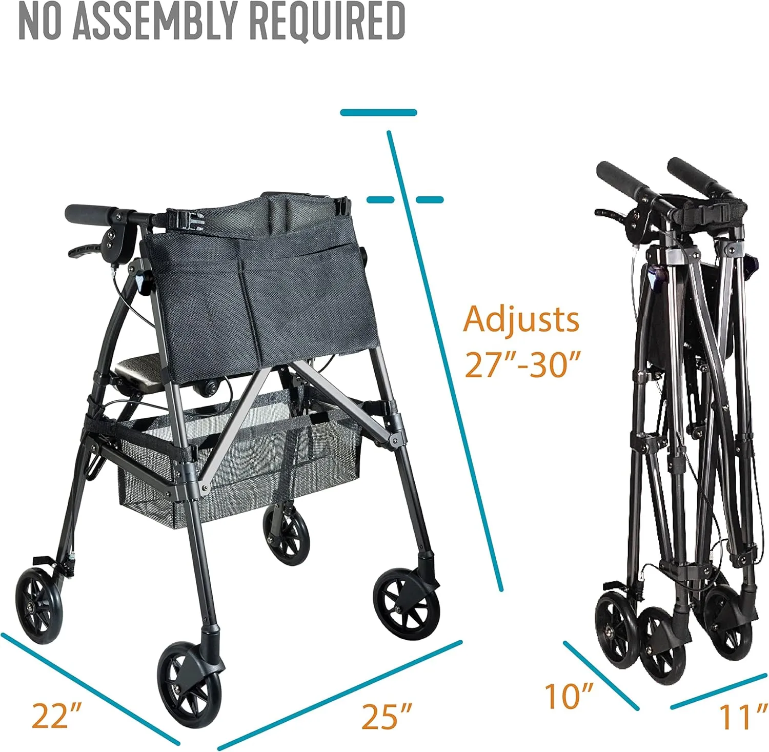 Stander Wonder Rollator Plus Short, Lightweight Junior Folding-Walker for Seniors and Adults, Travel EZ Fold-N-Go-Rollator, Petite Walker with Wheels and Seat, Black Walnut