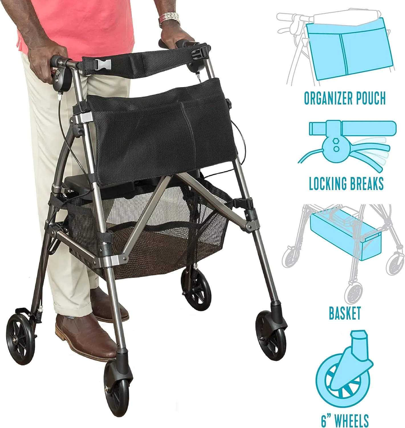 Stander Wonder Rollator Plus Short, Lightweight Junior Folding-Walker for Seniors and Adults, Travel EZ Fold-N-Go-Rollator, Petite Walker with Wheels and Seat, Black Walnut