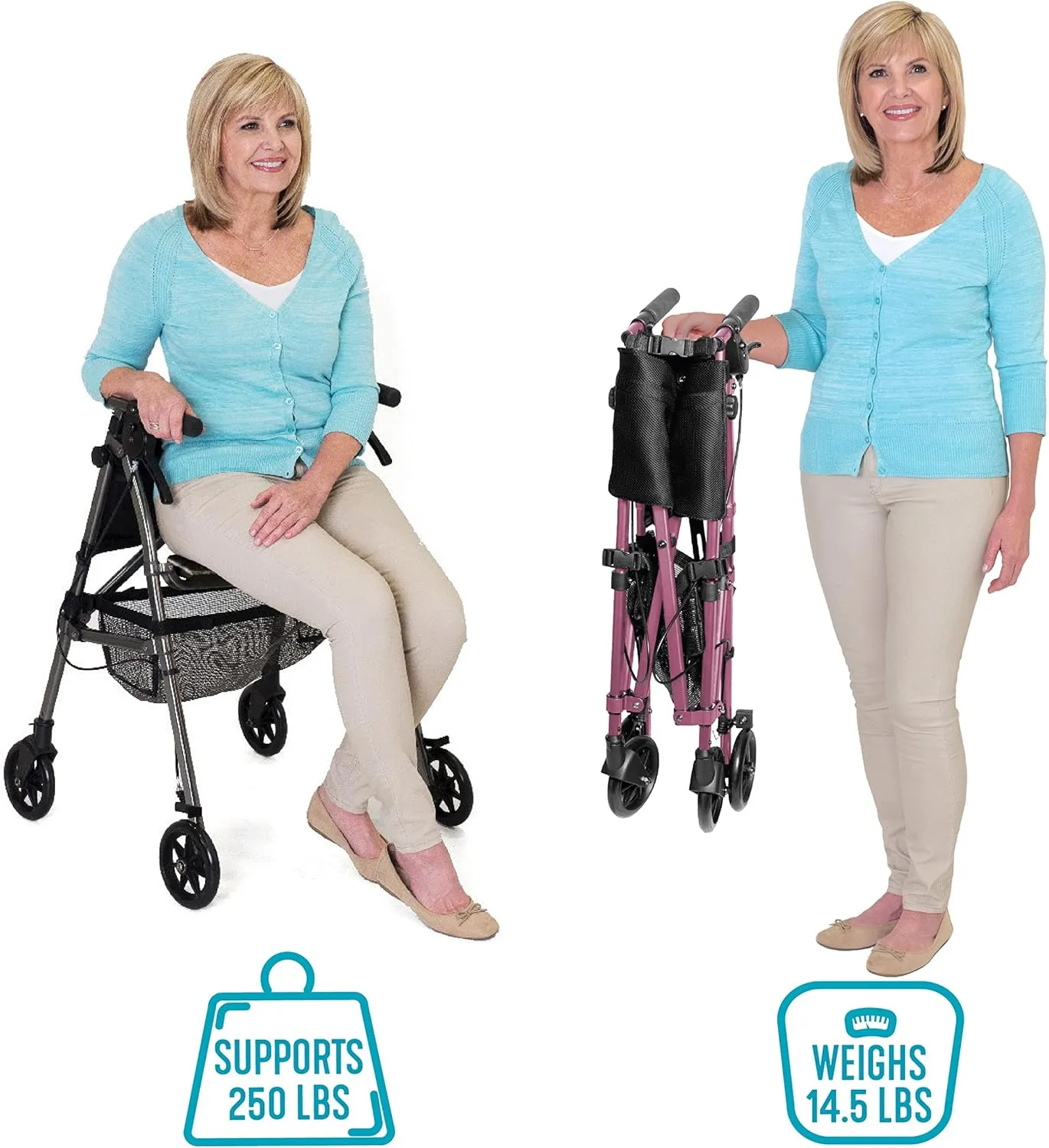 Stander Wonder Rollator Plus Short, Lightweight Junior Folding-Walker for Seniors and Adults, Travel EZ Fold-N-Go-Rollator, Petite Walker with Wheels and Seat, Black Walnut