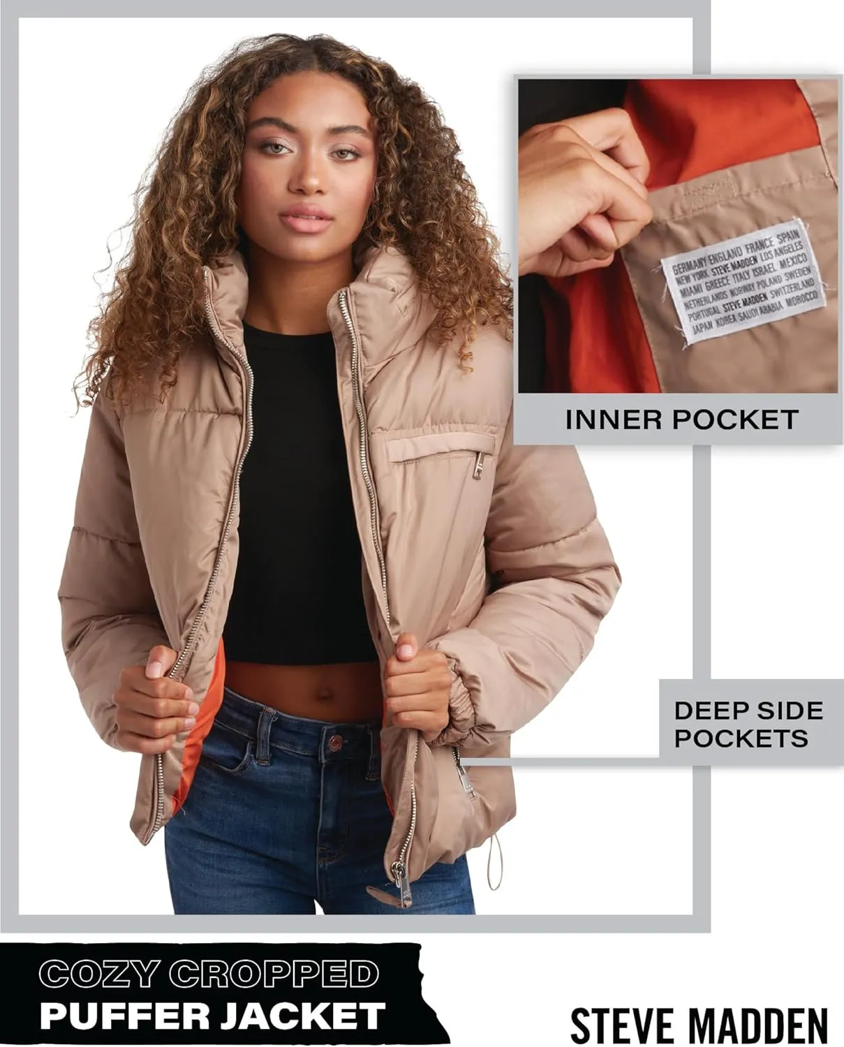 Steve Madden Women's Cropped Puffer Jacket - Quilted Winter Coat with Packable Hood - Cozy Outerwear Jacket for Women (S-XL)