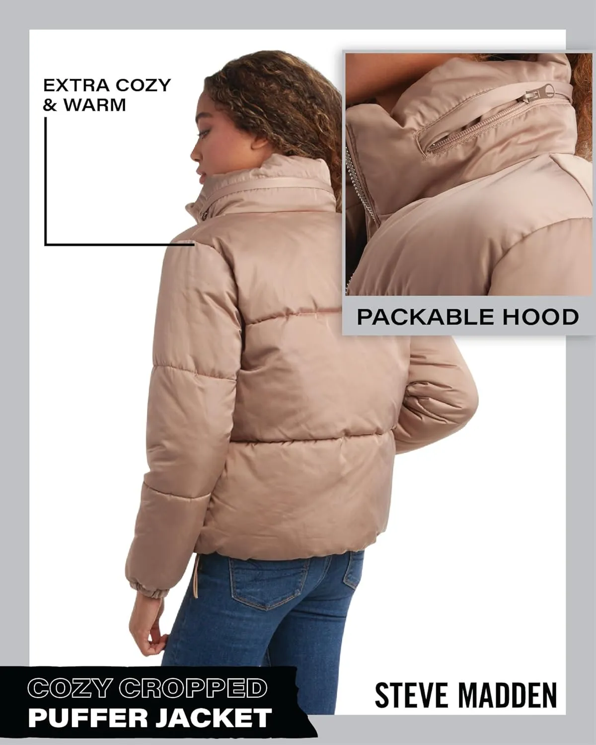 Steve Madden Women's Cropped Puffer Jacket - Quilted Winter Coat with Packable Hood - Cozy Outerwear Jacket for Women (S-XL)