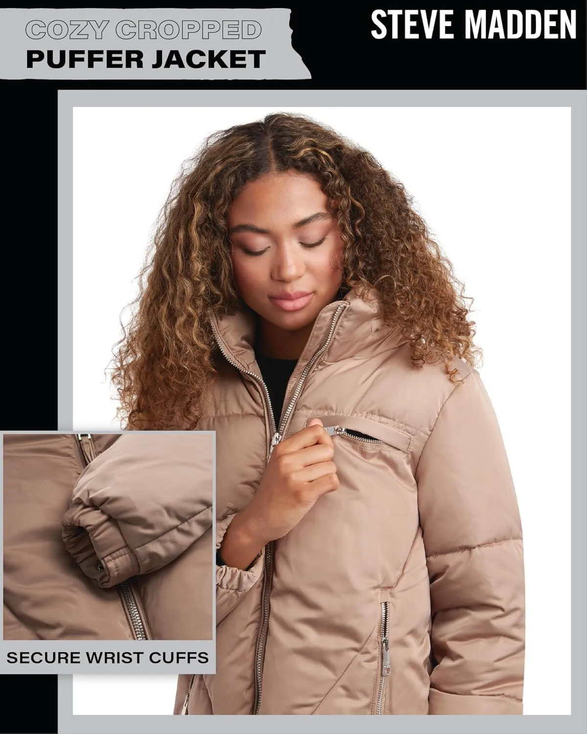 Steve Madden Women's Cropped Puffer Jacket - Quilted Winter Coat with Packable Hood - Cozy Outerwear Jacket for Women (S-XL)