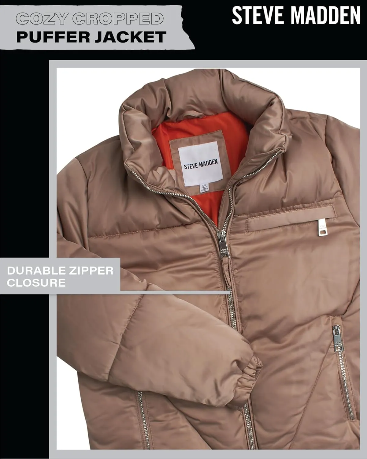 Steve Madden Women's Cropped Puffer Jacket - Quilted Winter Coat with Packable Hood - Cozy Outerwear Jacket for Women (S-XL)