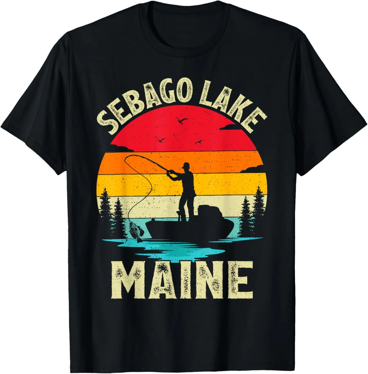 Summer Vacation Fishing Vintage Retro Maine Sebago Lake T-Shirt