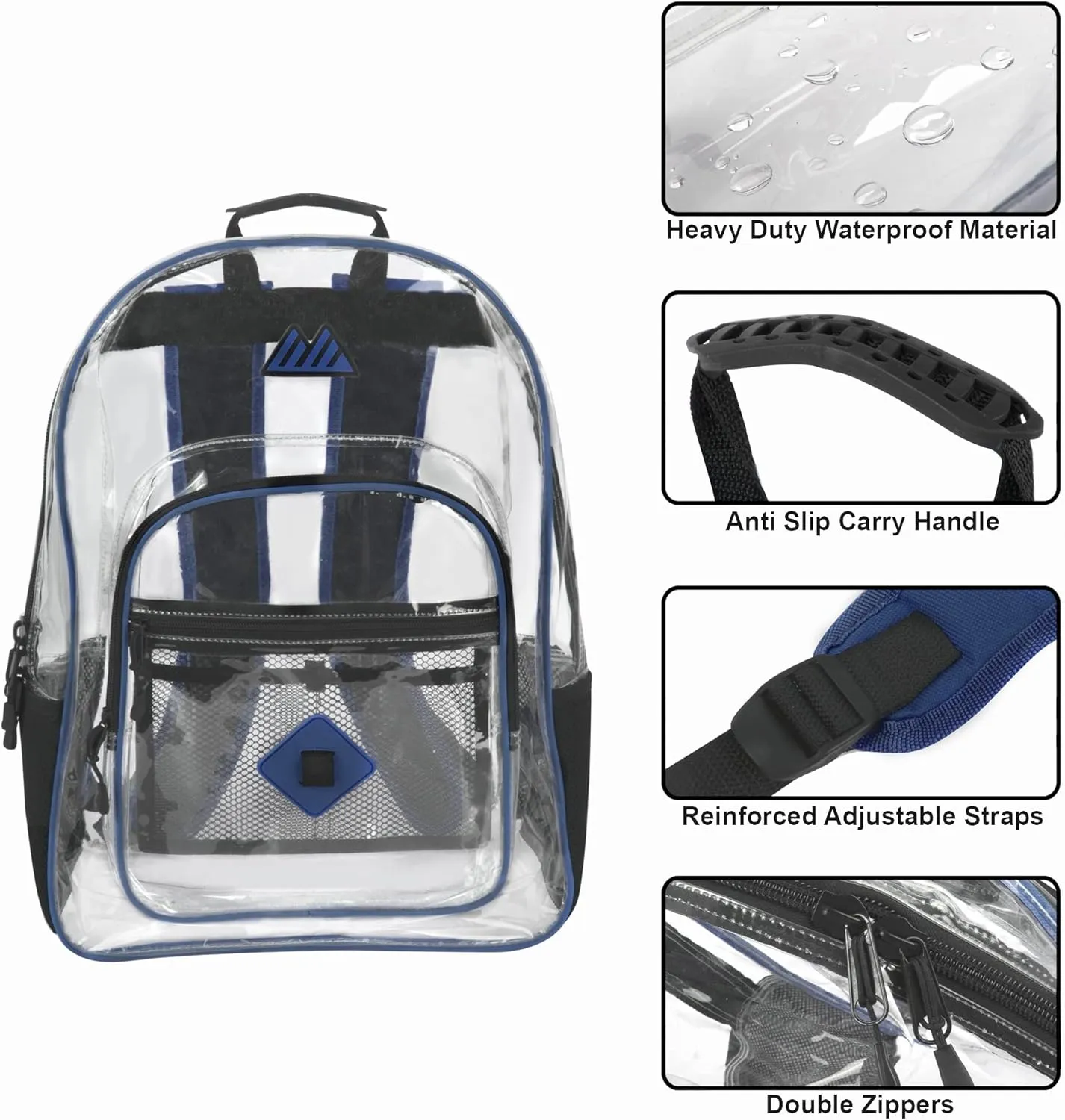 Summit Ridge Clear Waterproof Heavy Duty Stadium Approved Backpack With Water Bottle Holding Pocket, Front Zipper and Mesh Pockets for Men and Women in Blue