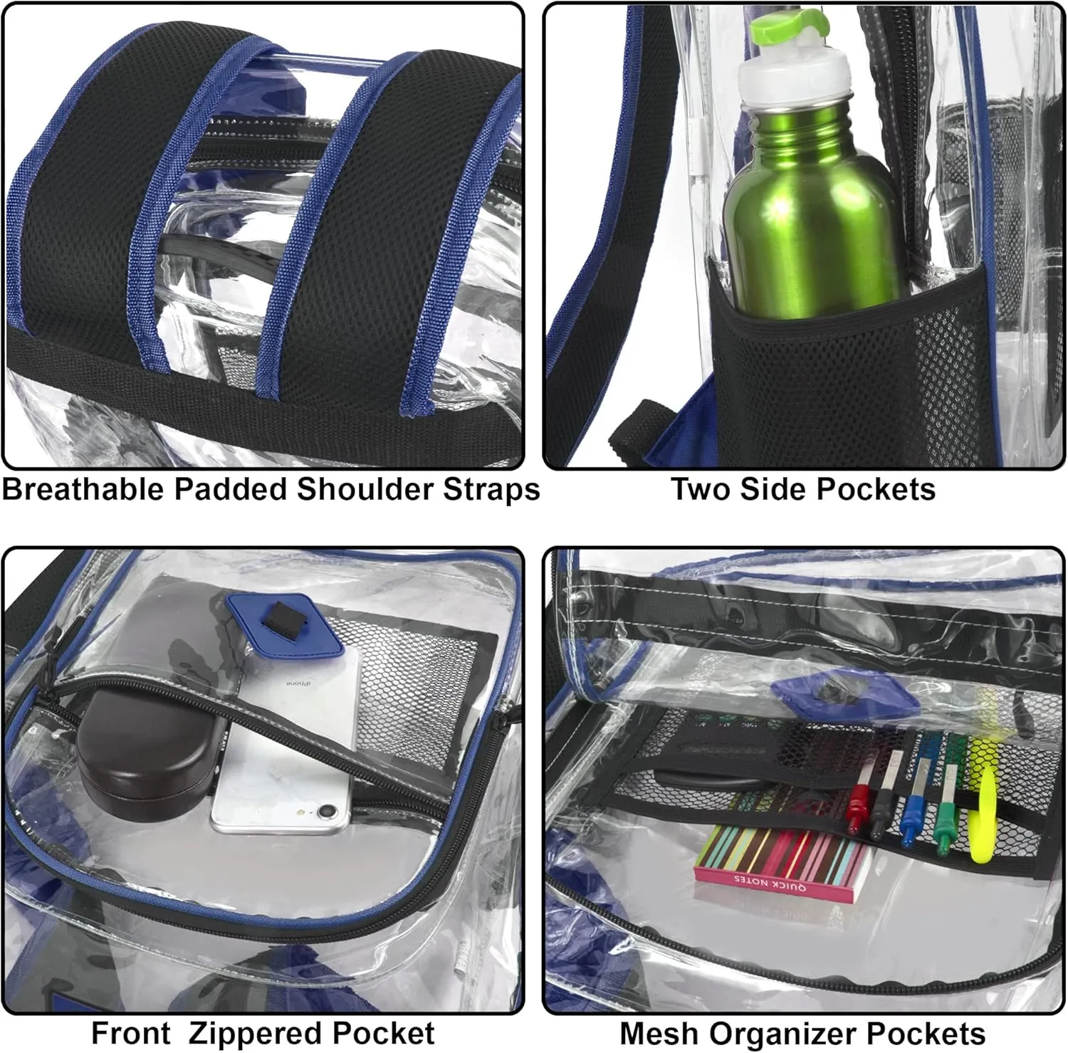 Summit Ridge Clear Waterproof Heavy Duty Stadium Approved Backpack With Water Bottle Holding Pocket, Front Zipper and Mesh Pockets for Men and Women in Blue