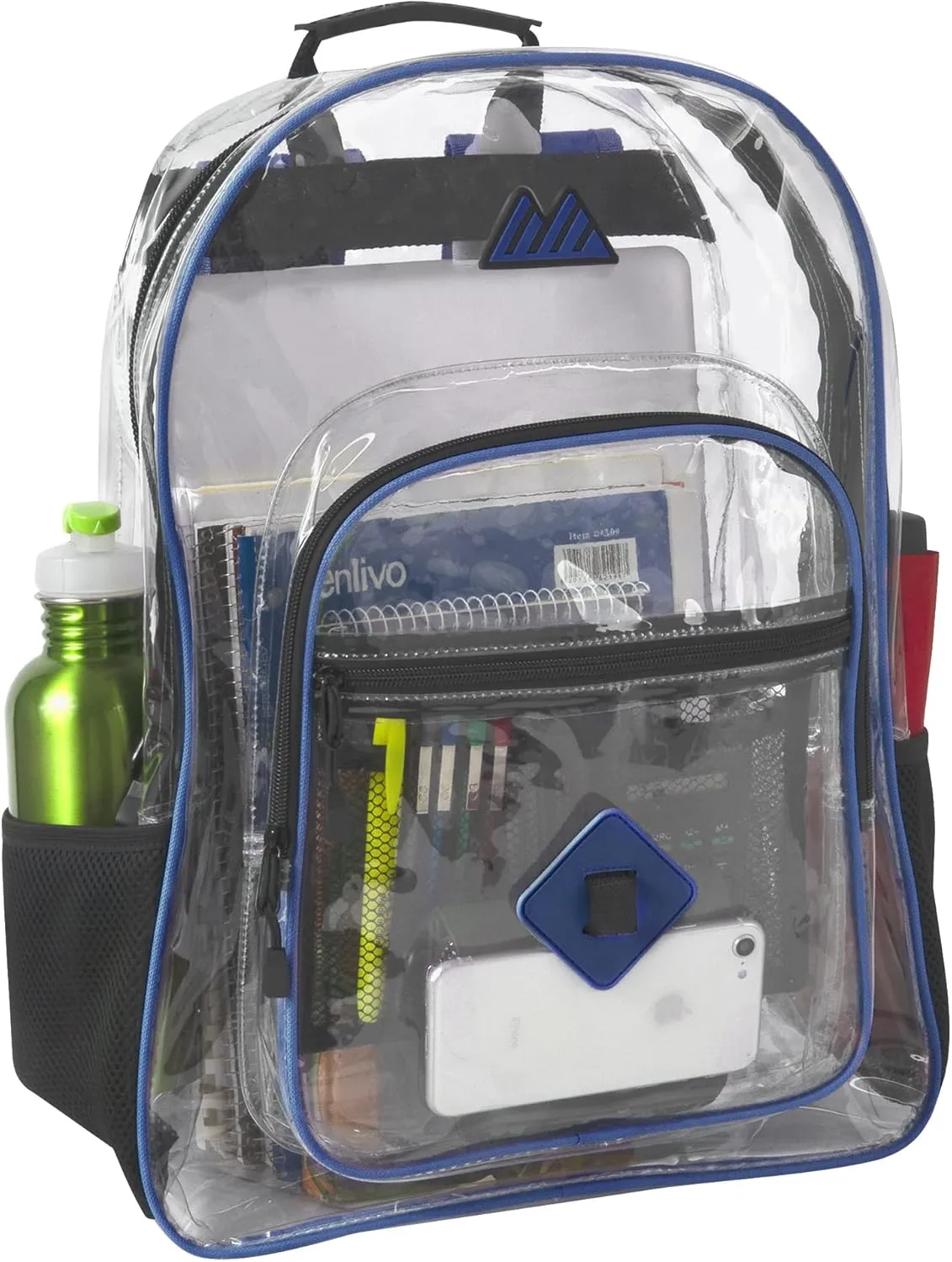 Summit Ridge Clear Waterproof Heavy Duty Stadium Approved Backpack With Water Bottle Holding Pocket, Front Zipper and Mesh Pockets for Men and Women in Blue