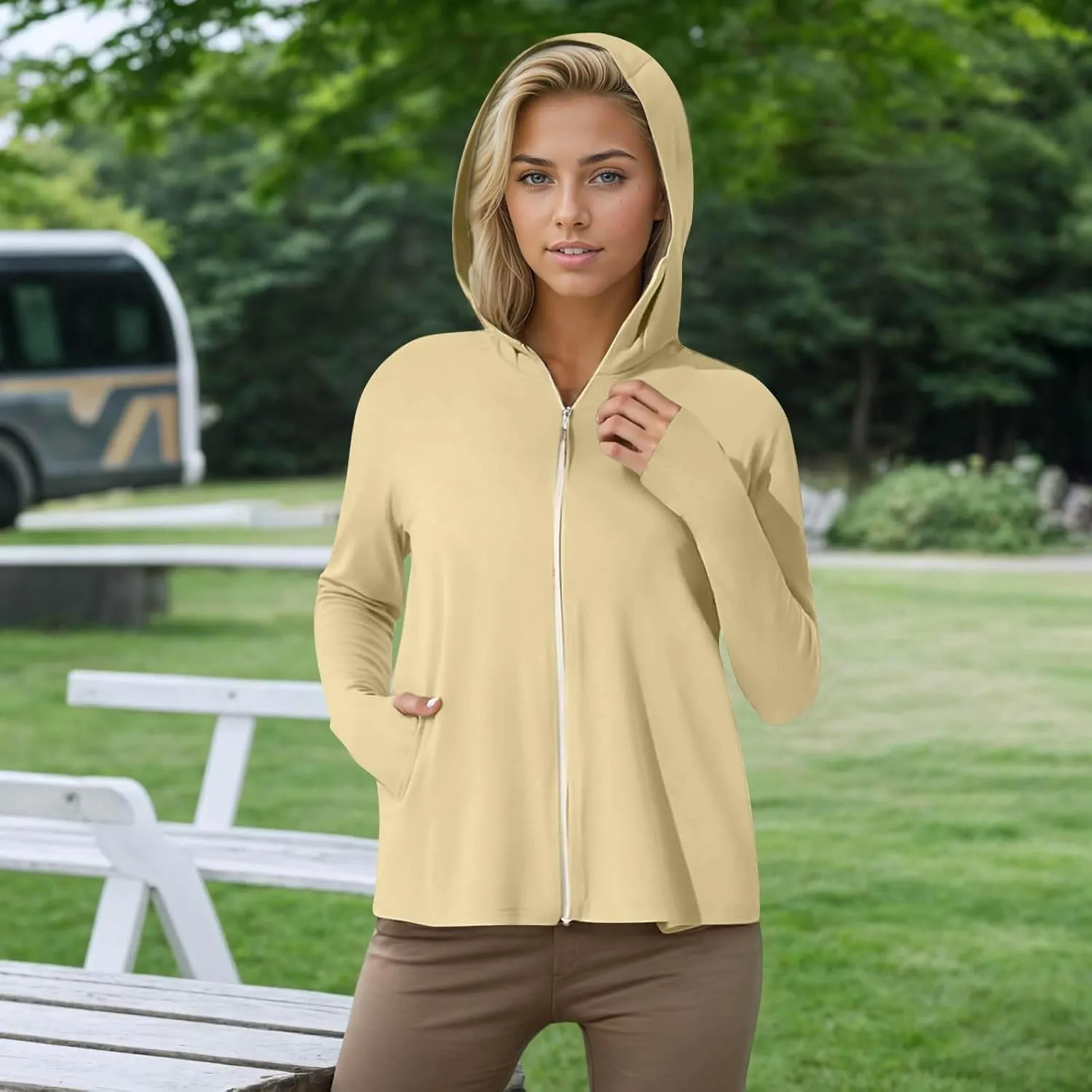 Sun Shirt for Women Zip Up UPF 50  Protection Lightweight Comfy Jacket Long Sleeve Ice Silk Fishing Hiking Outdoor Hoodie