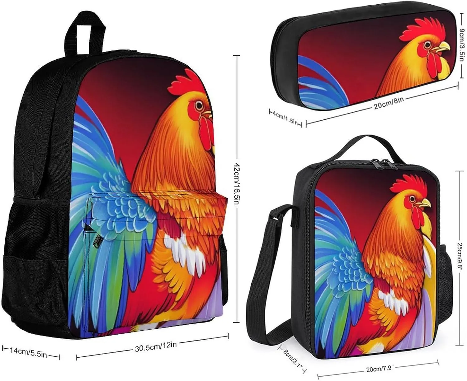 Supdreamc Big Capacity Backpack, Retro Rooster Art Bookbag, 3 Piece College Daypack, Camping Outdoor Backpack, Business Computer Bag   Lunch Bag   Pencil Bag