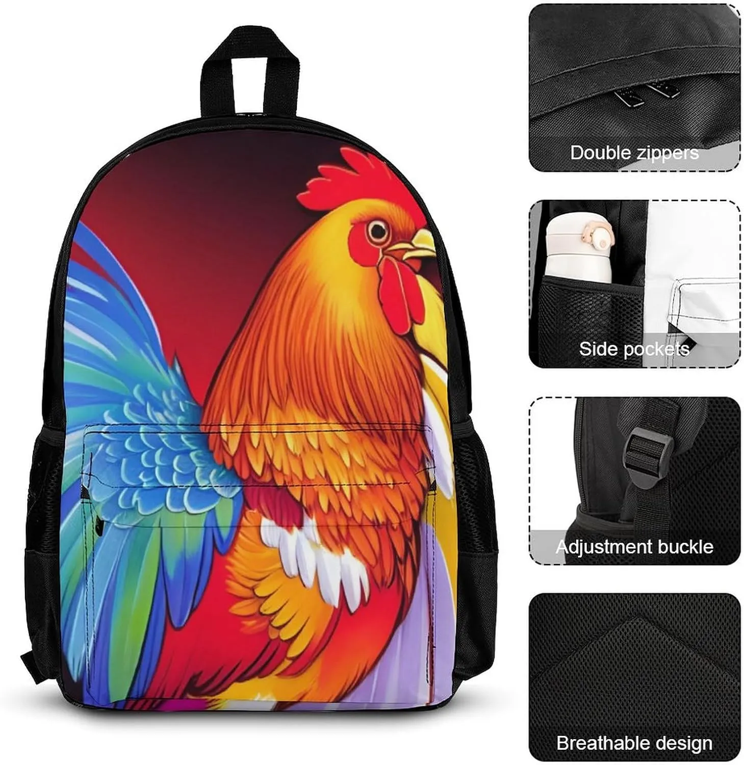 Supdreamc Big Capacity Backpack, Retro Rooster Art Bookbag, 3 Piece College Daypack, Camping Outdoor Backpack, Business Computer Bag   Lunch Bag   Pencil Bag