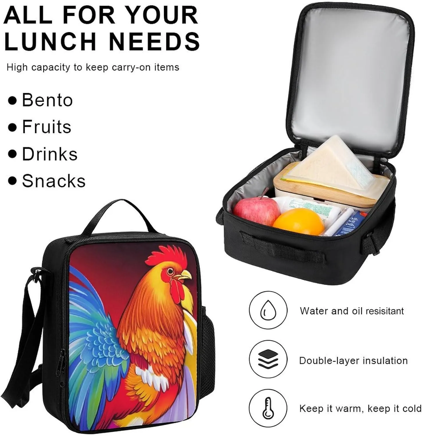 Supdreamc Big Capacity Backpack, Retro Rooster Art Bookbag, 3 Piece College Daypack, Camping Outdoor Backpack, Business Computer Bag   Lunch Bag   Pencil Bag