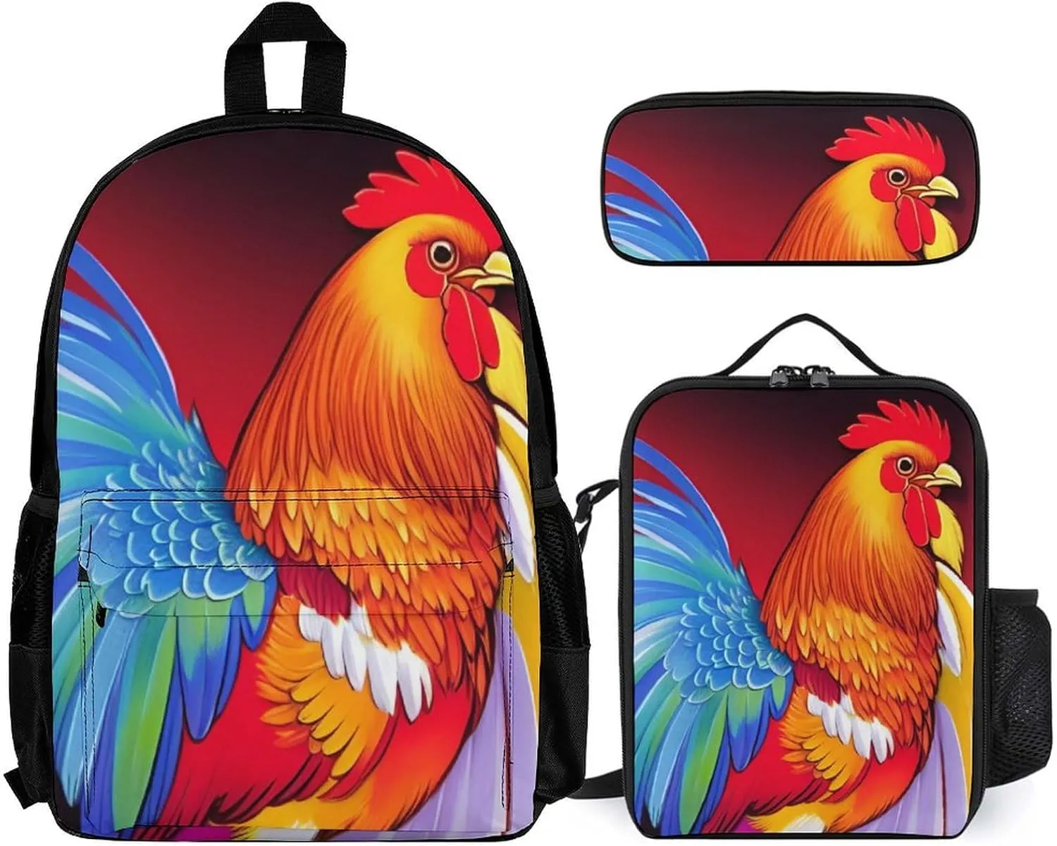 Supdreamc Big Capacity Backpack, Retro Rooster Art Bookbag, 3 Piece College Daypack, Camping Outdoor Backpack, Business Computer Bag   Lunch Bag   Pencil Bag