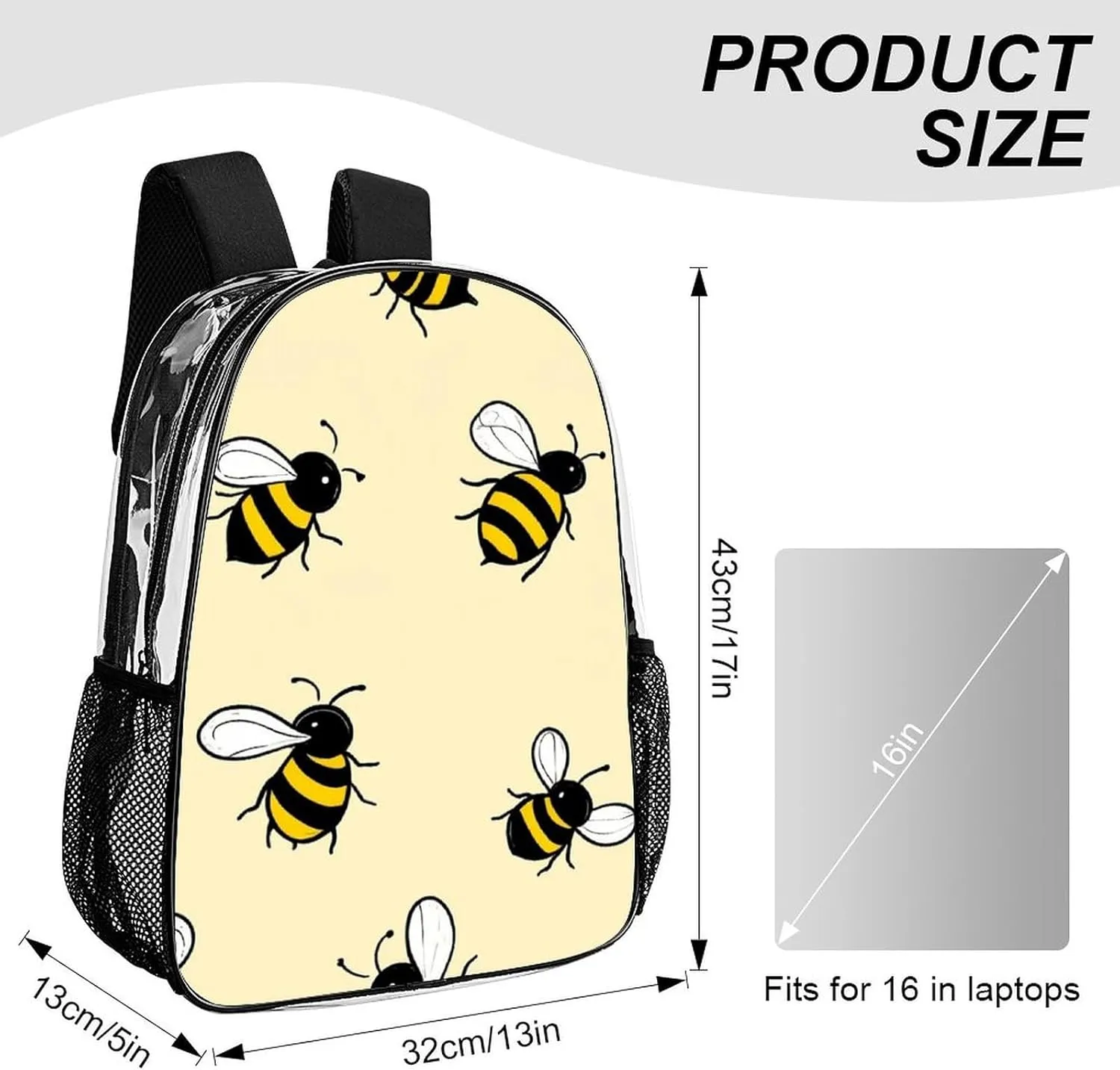 Supdreamc Lightweight Daypack Backpack for Sports Travel Running - Large Capacity Multipurpose Transparent Bookbag, Cute Bee Pattern Laptop Backpack Daypack