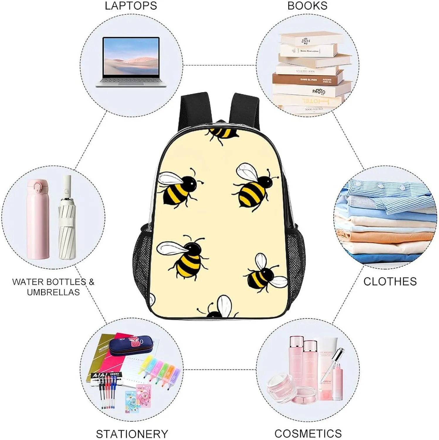 Supdreamc Lightweight Daypack Backpack for Sports Travel Running - Large Capacity Multipurpose Transparent Bookbag, Cute Bee Pattern Laptop Backpack Daypack