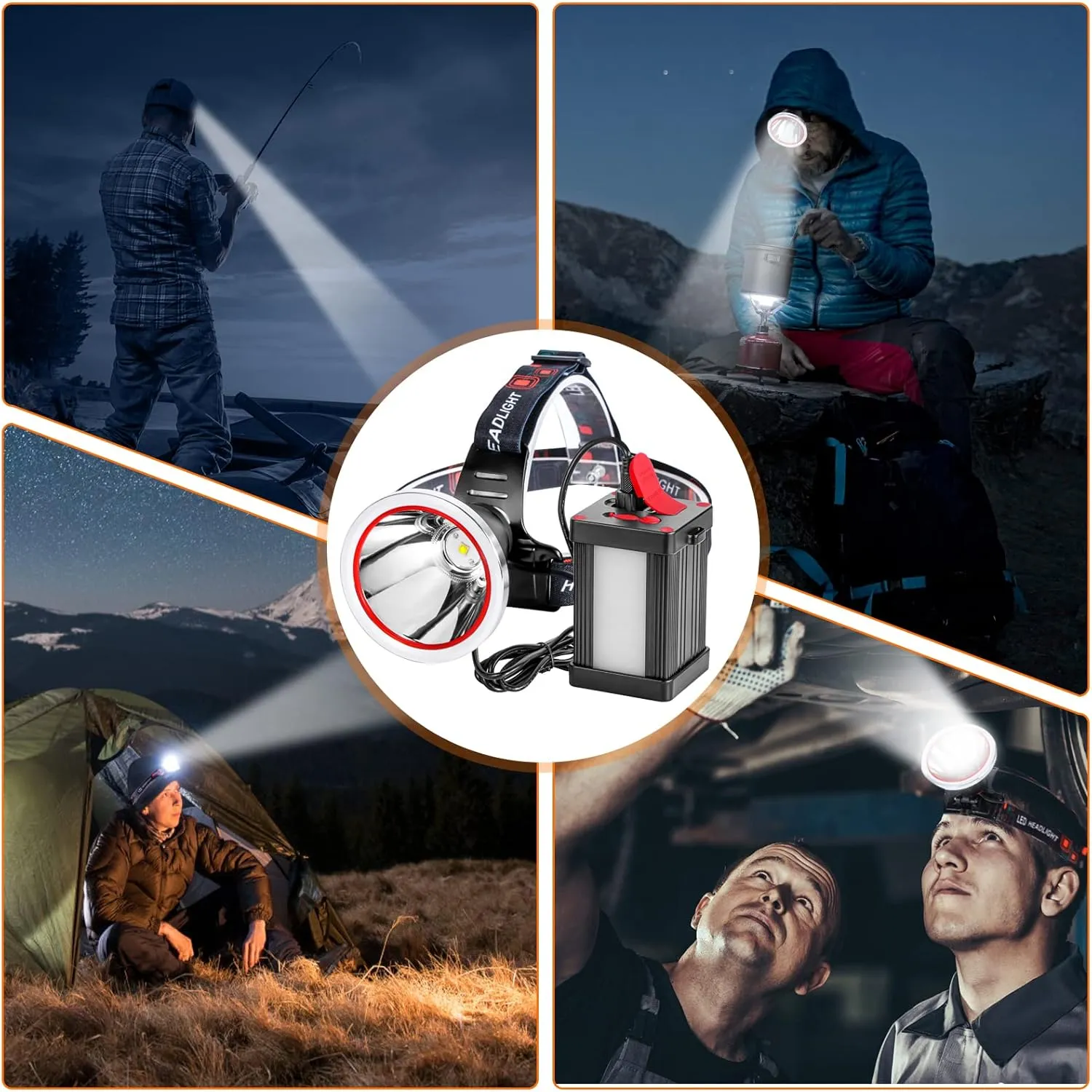 Superbright Bright LED Headlamp Powerful Portable Rechargeable Headlight Flashlight with External Side Light for Camping Biking Hunting Fishing (Yellow Light)