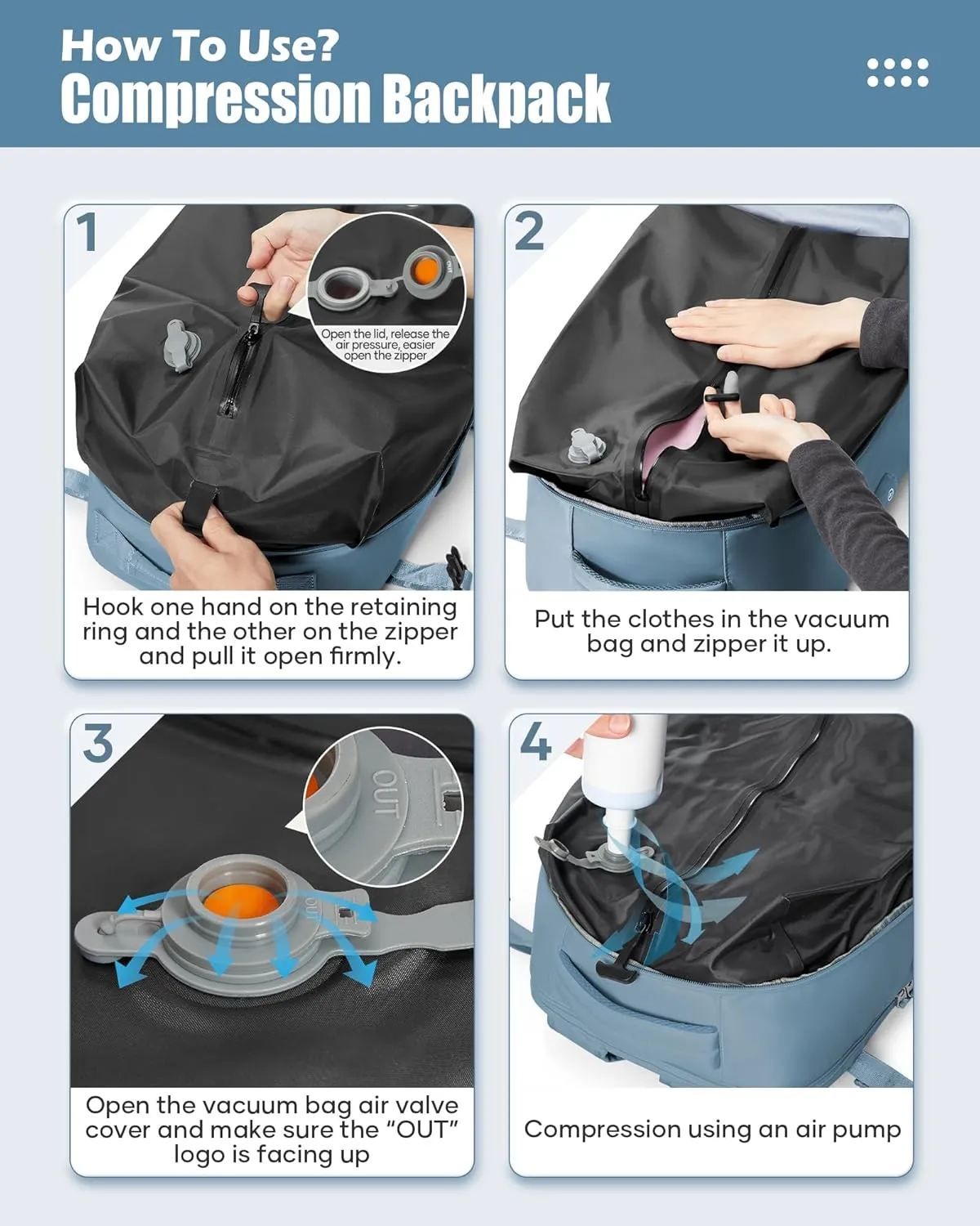 suradar Vacpack Backpack with Vacuum Seal Backpack Travel Airback Backpack with Pump Laptop Compression Backpacks