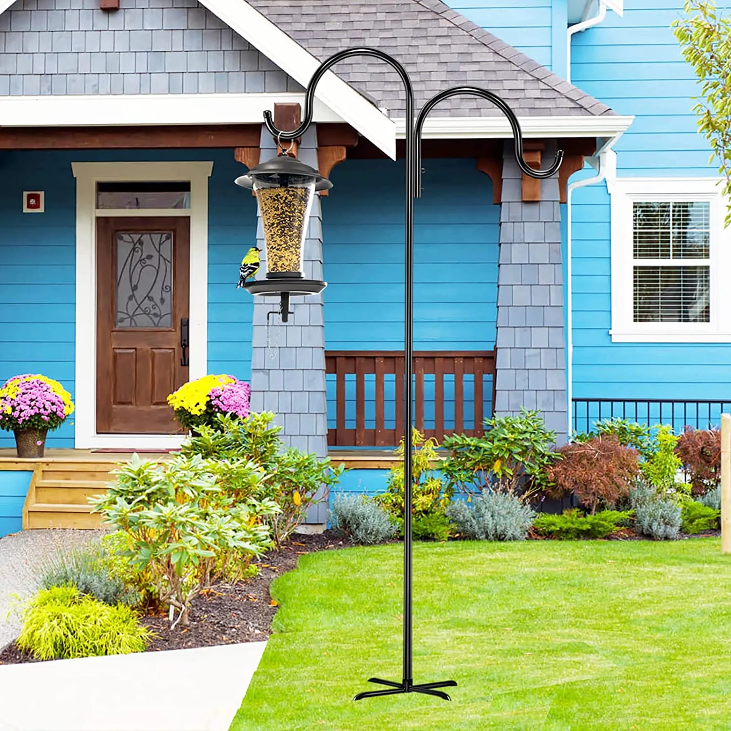 Surprizo Outdoor Double Shepherds Hook/Bird Feeder Pole Outside 60 Inch with 5 Prongs Base, Pinziren Tall Heavy Duty Garden Hanger Stand (2 Pack), Adjustable Hanging Plant Holder for Wind Chime,Lantern,Decor