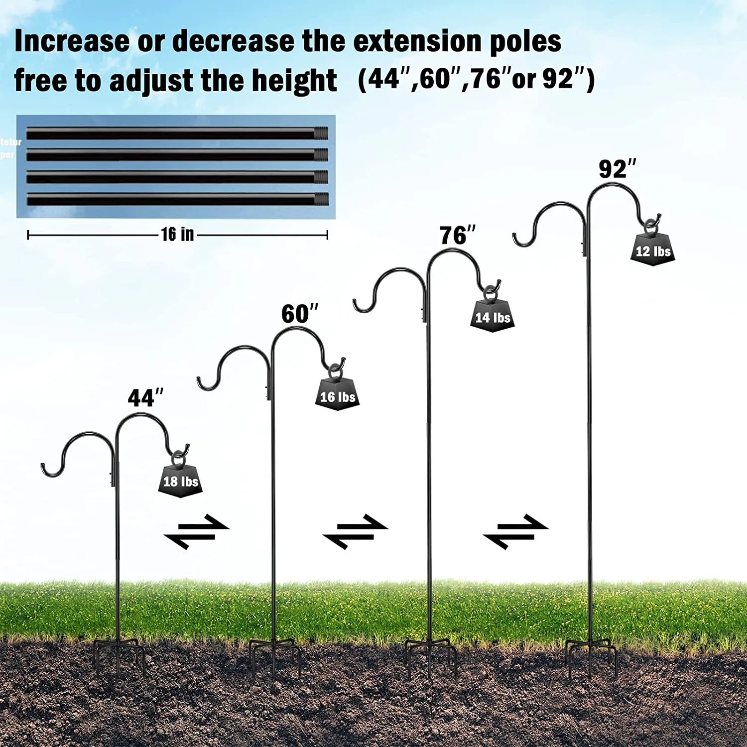 Surprizo Outdoor Double Shepherds Hook/Bird Feeder Pole Outside 60 Inch with 5 Prongs Base, Pinziren Tall Heavy Duty Garden Hanger Stand (2 Pack), Adjustable Hanging Plant Holder for Wind Chime,Lantern,Decor