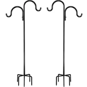 Surprizo Outdoor Double Shepherds Hook/Bird Feeder Pole Outside 60 Inch with 5 Prongs Base, Pinziren Tall Heavy Duty Garden Hanger Stand (2 Pack), Adjustable Hanging Plant Holder for Wind Chime,Lantern,Decor