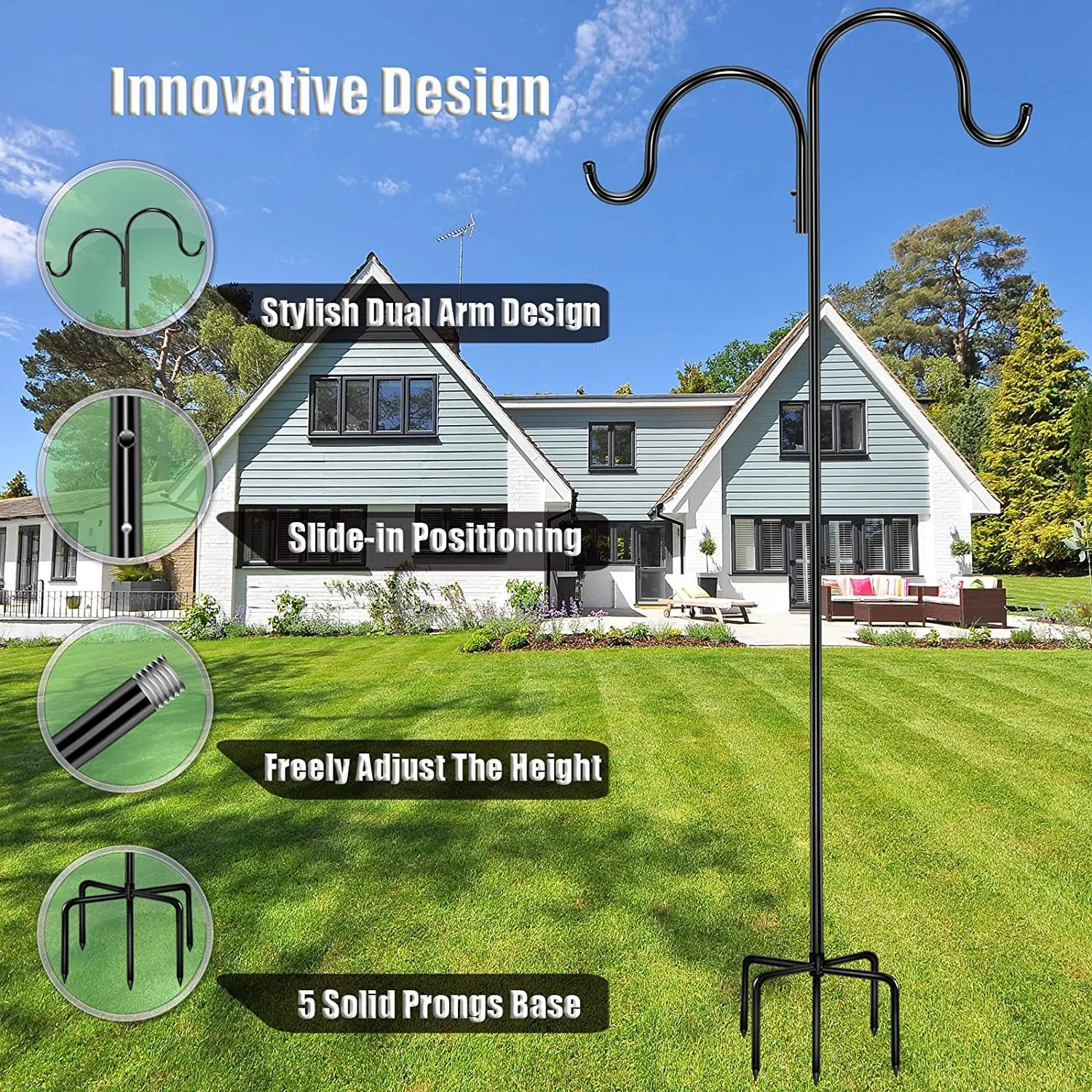 Surprizo Outdoor Double Shepherds Hook/Bird Feeder Pole Outside 60 Inch with 5 Prongs Base, Pinziren Tall Heavy Duty Garden Hanger Stand (2 Pack), Adjustable Hanging Plant Holder for Wind Chime,Lantern,Decor