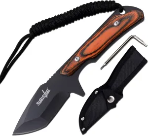 Survivor - Fixed Blade Knife - Black Stainless Steel Blade, Full Tang, Removable Brown Wood Handle Scale with Paracord, Nylon Sheath and Tork Screw Tool- Hunting, Camping, Survival - SV-FIX018BK