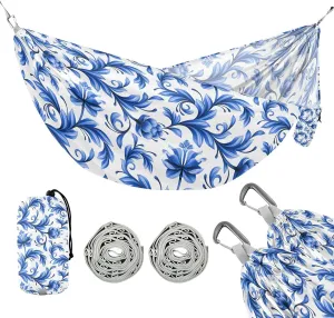 susiyo Portable Camping Hammock Blue Flowers White Printed Lightweight Hammock Comfortable Travel Swing with Tree Straps for Camping Hiking Backpacking Travel or Beach - Up to 330lbs