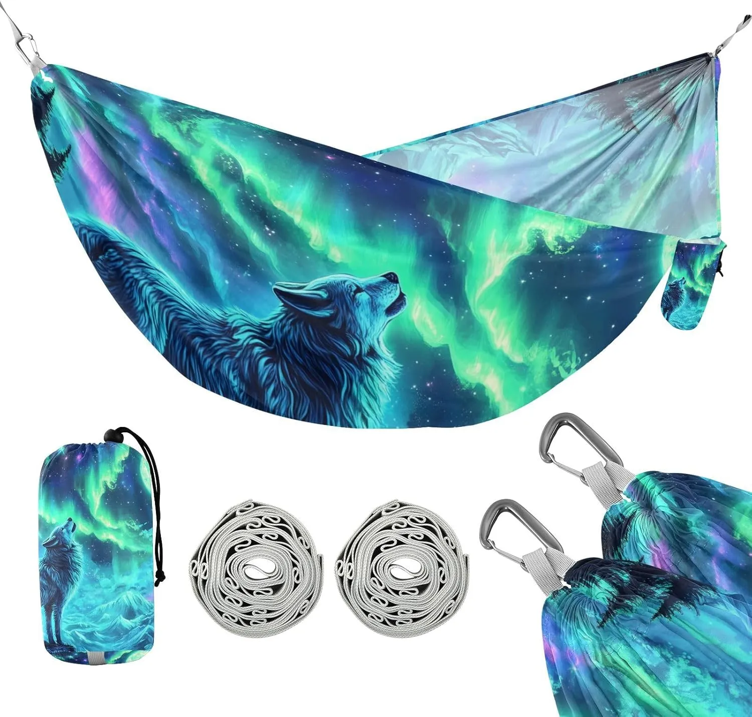 susiyo Portable Camping Hammock Majestic Wolf Moon Printed Lightweight Hammock Comfortable Travel Swing with Tree Straps for Camping Hiking Backpacking Travel or Beach - Up to 330lbs