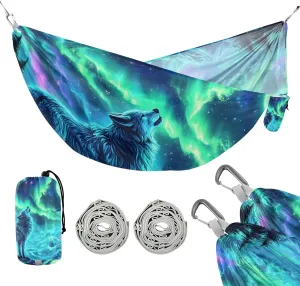 susiyo Portable Camping Hammock Majestic Wolf Moon Printed Lightweight Hammock Comfortable Travel Swing with Tree Straps for Camping Hiking Backpacking Travel or Beach - Up to 330lbs