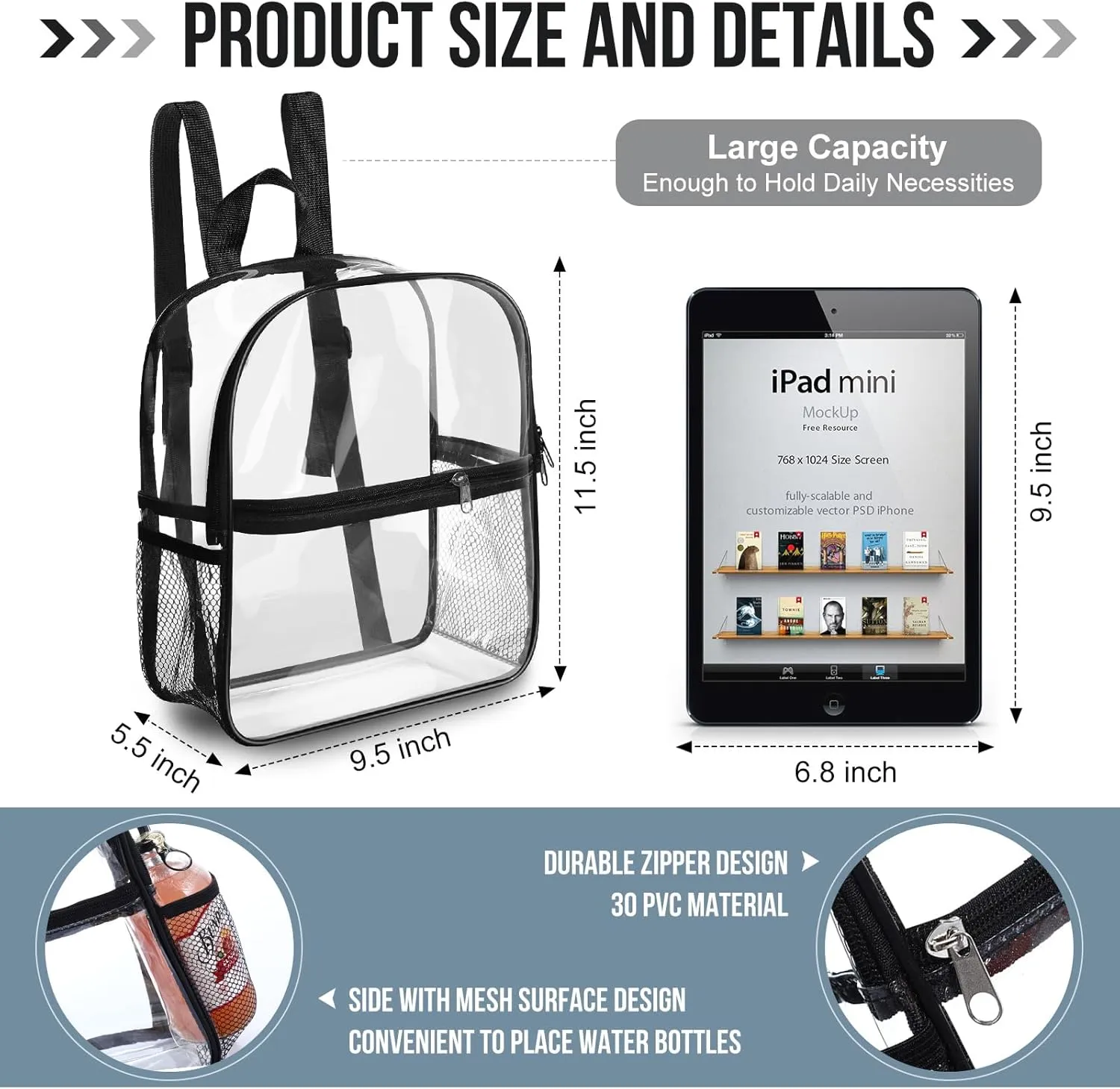 Sweetude 6 Pcs Clear Backpack 11.4 x 9.5 x 5.1 Inch Bag Stadium Approved Plastic Transparent Backpack with 2 Water Holders(Multicolor)