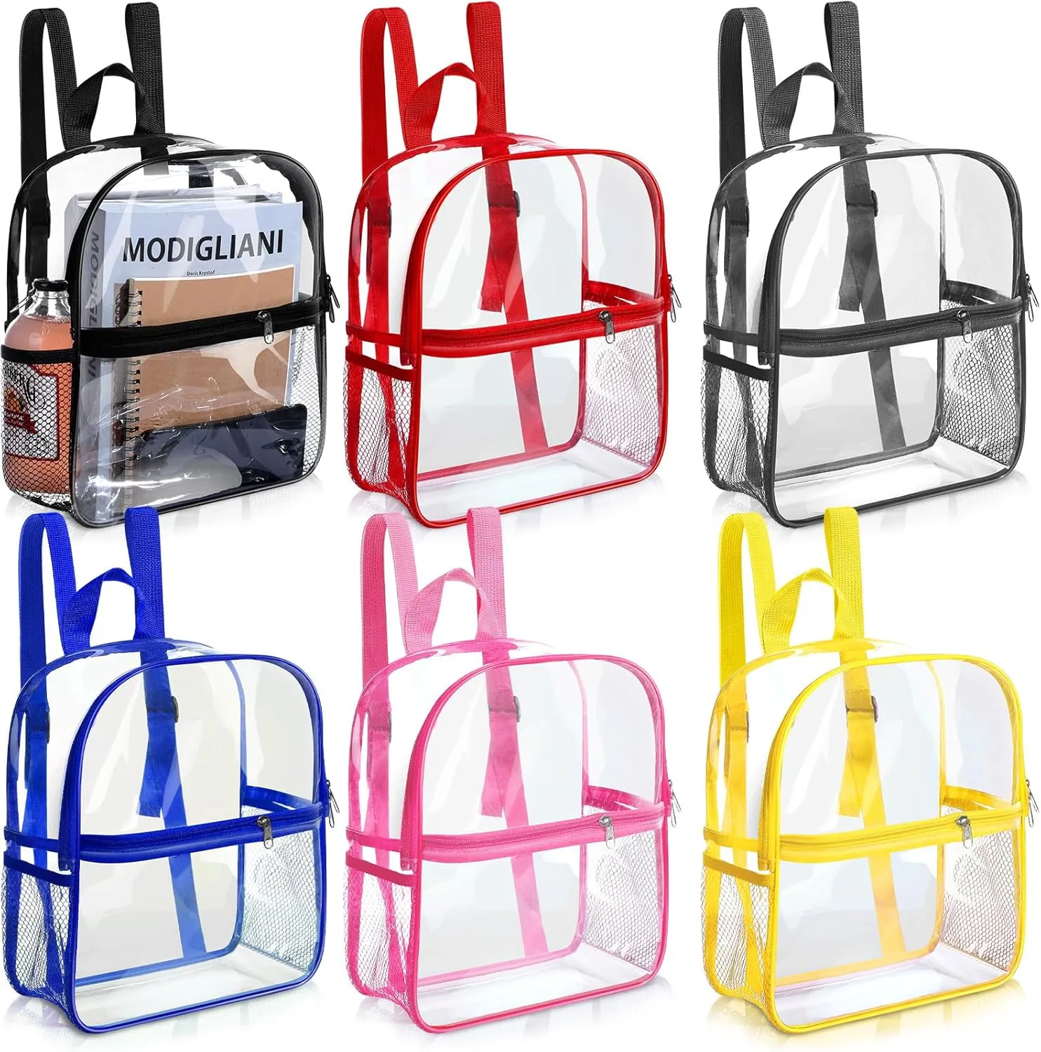 Sweetude 6 Pcs Clear Backpack 11.4 x 9.5 x 5.1 Inch Bag Stadium Approved Plastic Transparent Backpack with 2 Water Holders(Multicolor)