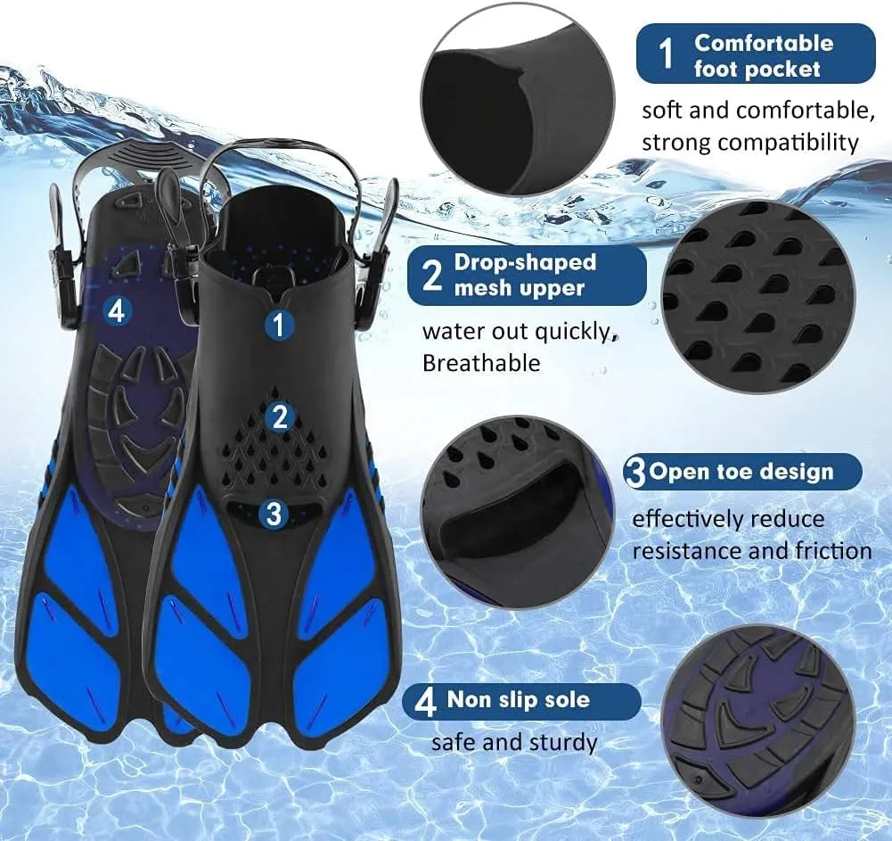 Swim Fins Snorkel Fins Snorkeling Gear Flippers for Swimming Short Diving Fins Travel Size with Mesh Bag Extra Fin Strap Open Heel Adjustable