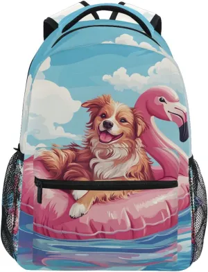 Swimming Dog Flamingo School Kids Backpack for Boys Girls Laptop Backpack Lightweight Travel Bag for Women Men