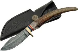 SZCO Supplies 8" Stag Grip Damascus Steel Outdoor Hunting Knife with Sheath, Brown, One Size, DM-1029