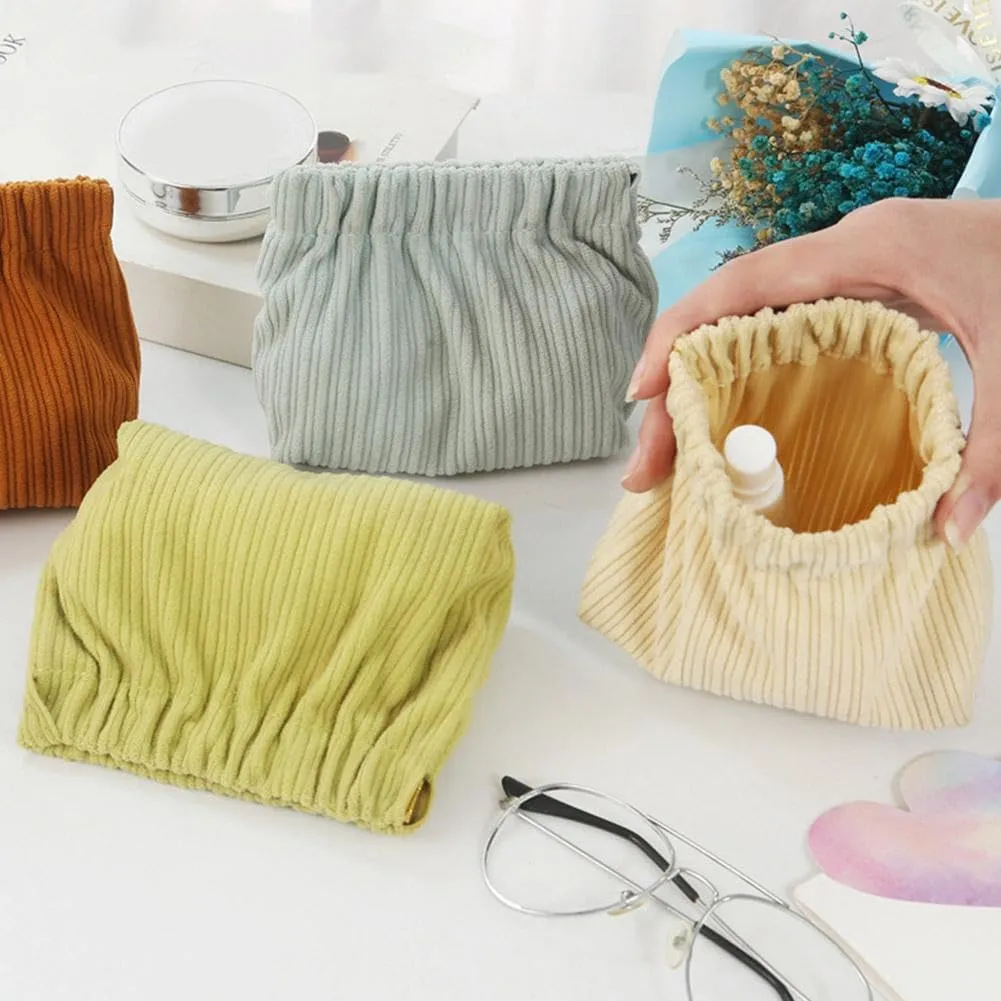 SZELL Pocket Cosmetic Bag Corduroy Elastic Self-Closing Pouches Waterproof Coin Purse for Makeup Lipstick Earphones Jewelry Organizer (Blue)