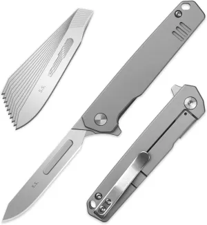 T058 Folding Scalpel Knife with 10pcs #60 blades,Titanium alloy Handle with Frame Lock, Utility EDC Pocket Knife with Back Clip