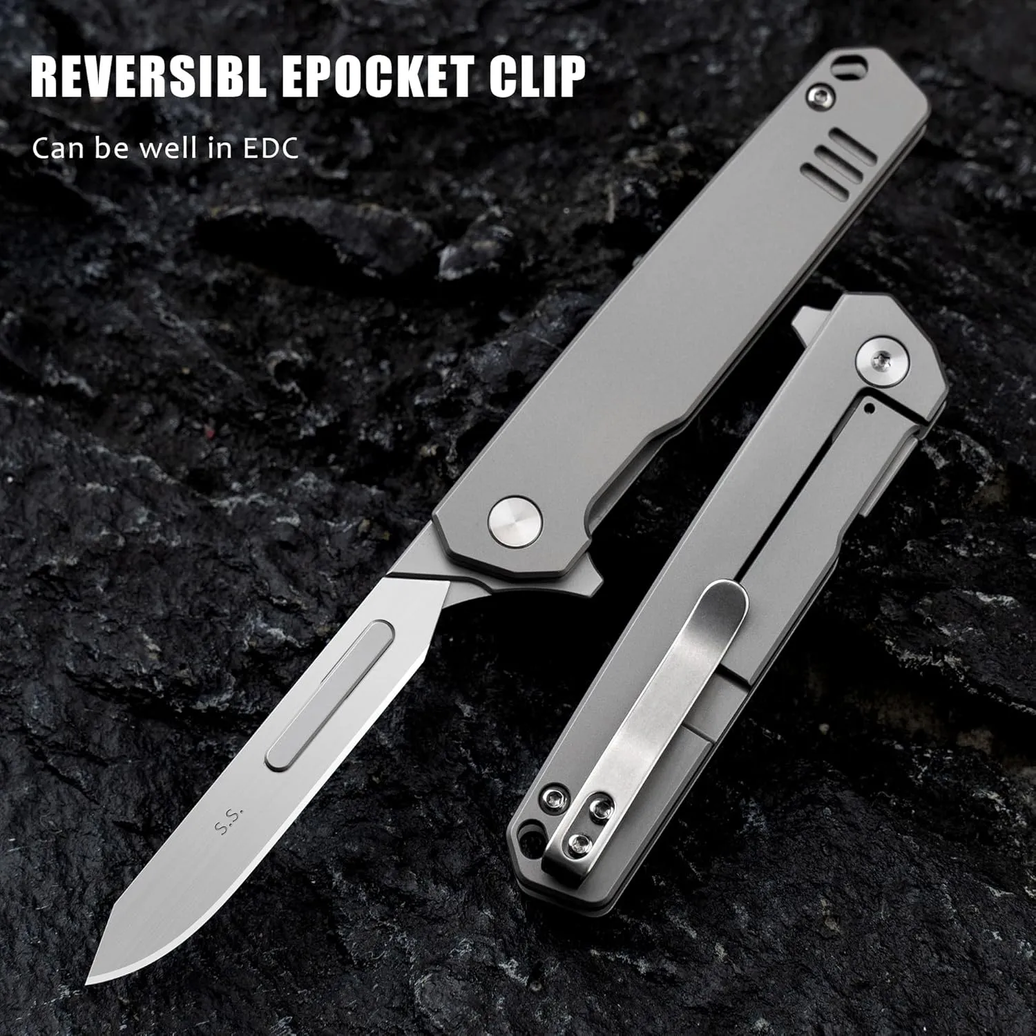T058 Folding Scalpel Knife with 10pcs #60 blades,Titanium alloy Handle with Frame Lock, Utility EDC Pocket Knife with Back Clip