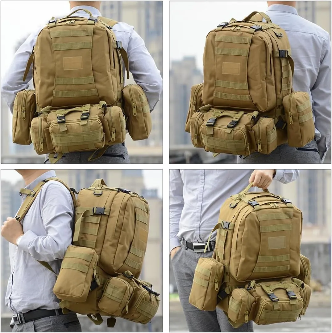 Tactical Backpack Military Army Rucksack 60L Large Assault Pack Camping Detachable Molle Bag (Python Patterned Mud Color)
