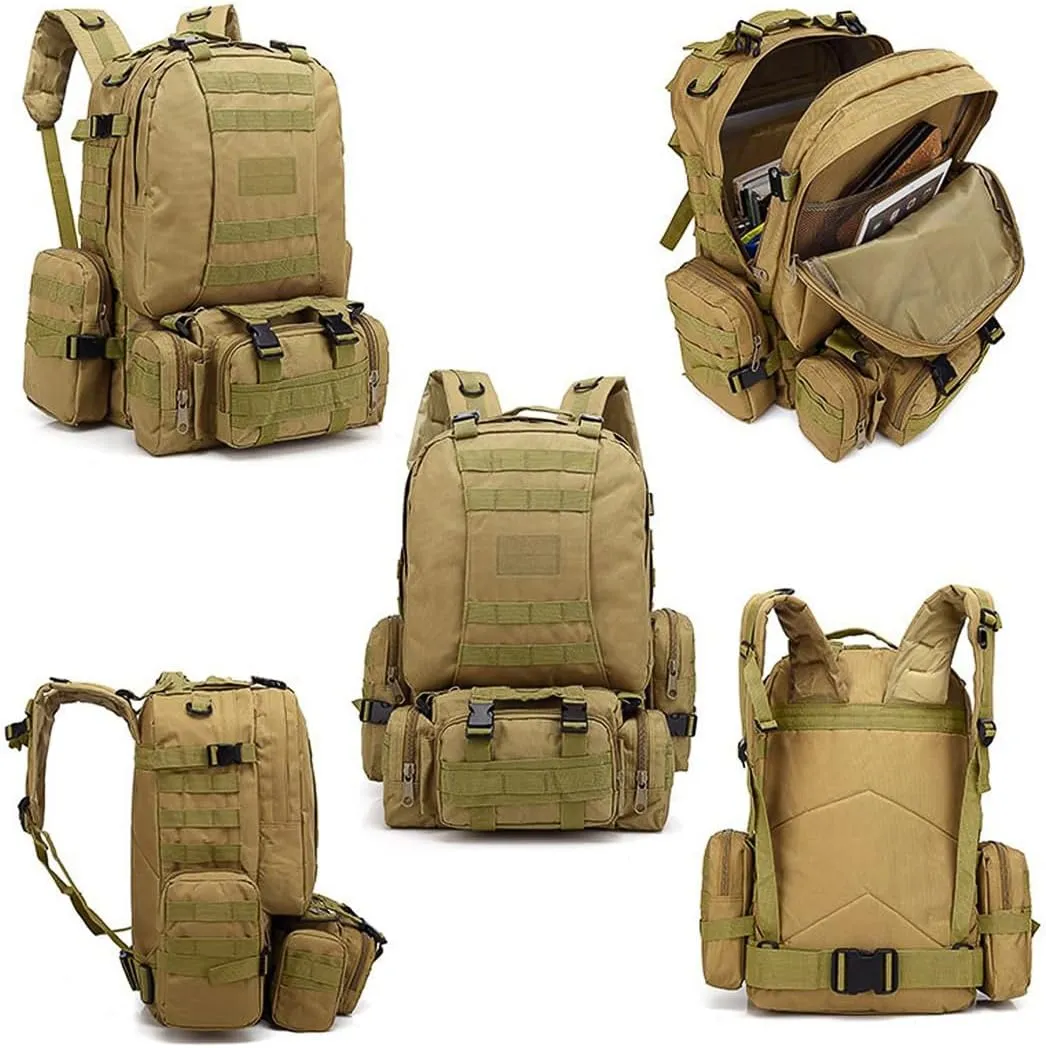 Tactical Backpack Military Army Rucksack 60L Large Assault Pack Camping Detachable Molle Bag (Python Patterned Mud Color)