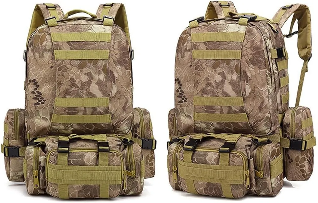 Tactical Backpack Military Army Rucksack 60L Large Assault Pack Camping Detachable Molle Bag (Python Patterned Mud Color)