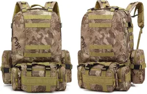 Tactical Backpack Military Army Rucksack 60L Large Assault Pack Camping Detachable Molle Bag (Python Patterned Mud Color)