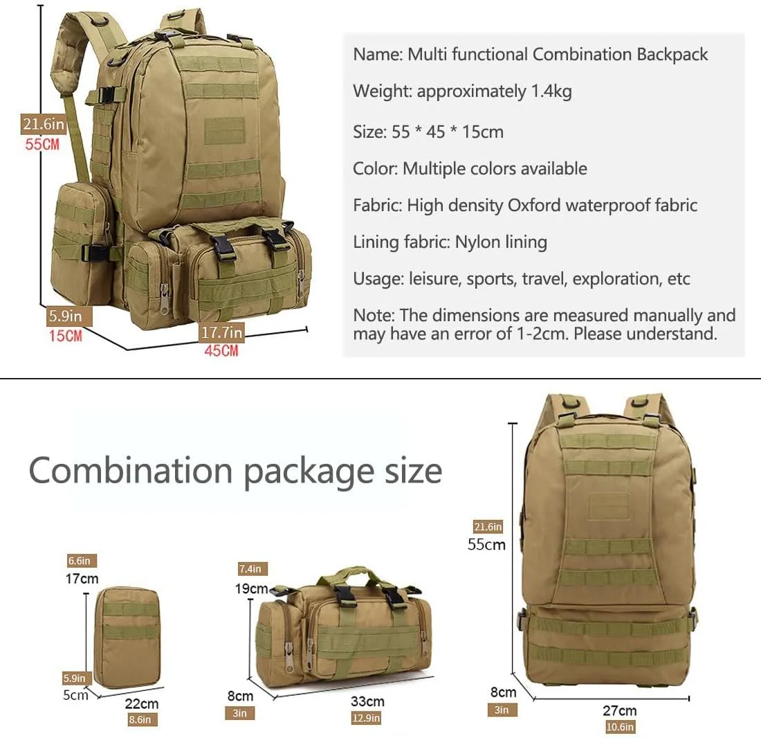 Tactical Backpack Military Army Rucksack 60L Large Assault Pack Camping Detachable Molle Bag (Python Patterned Mud Color)