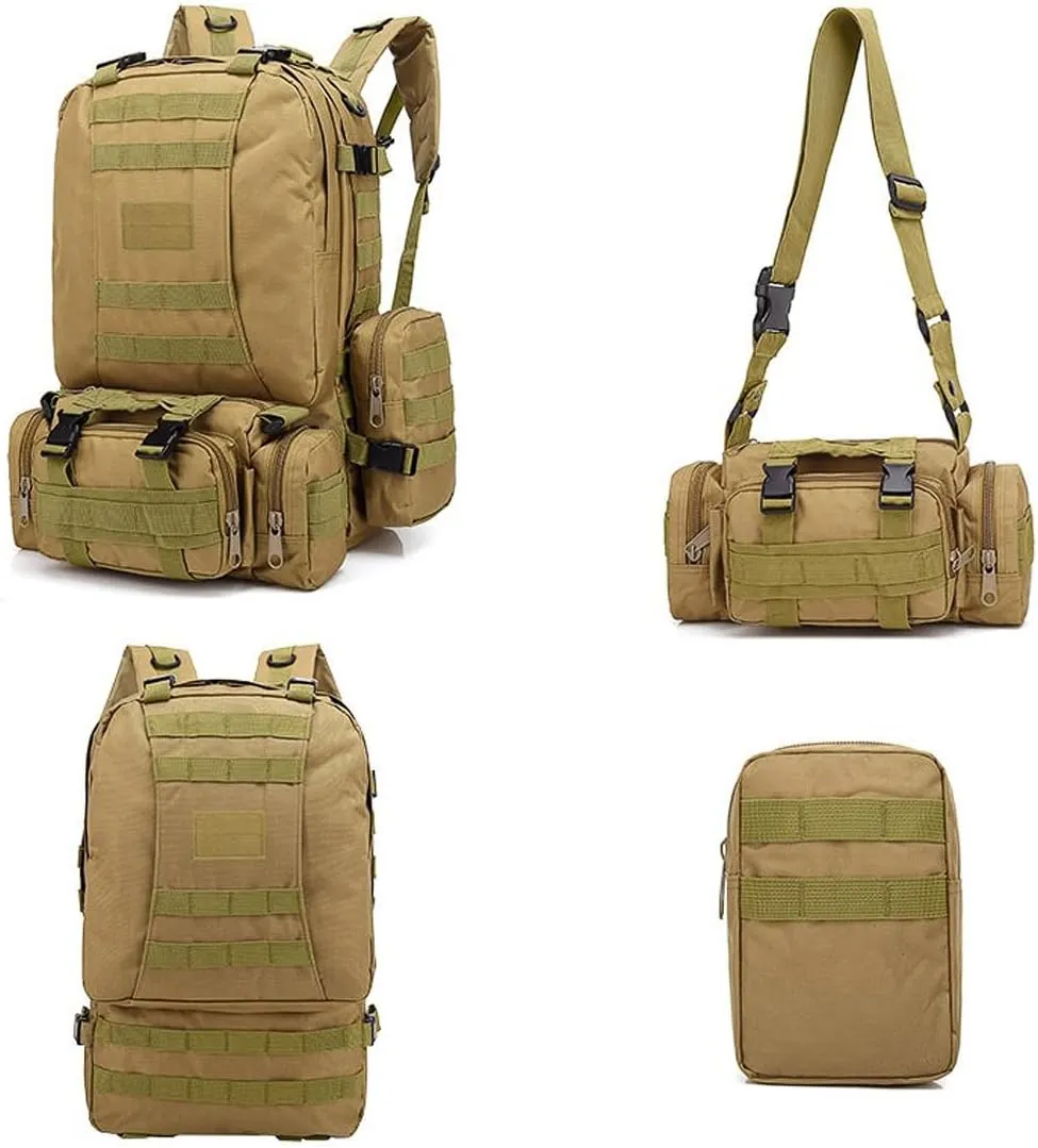 Tactical Backpack Military Army Rucksack 60L Large Assault Pack Camping Detachable Molle Bag (Python Patterned Mud Color)