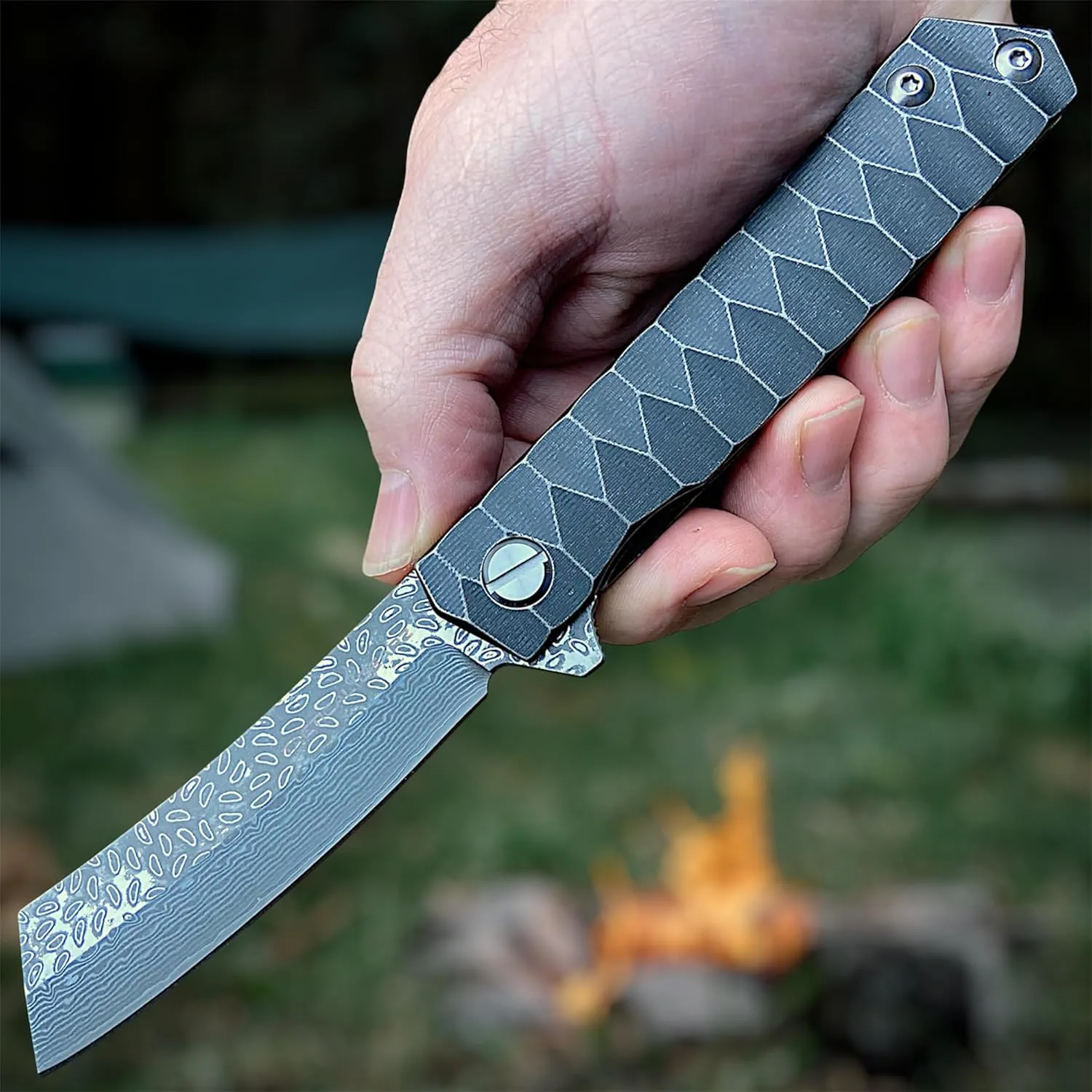 TACTICAL GEARZ Damascus Pocket Knife for EDC, Solid Tc4 Titanium Handle, Multi-Layered Damascus Steel VG10 Blade, Includes Sheath (Saint DXS)