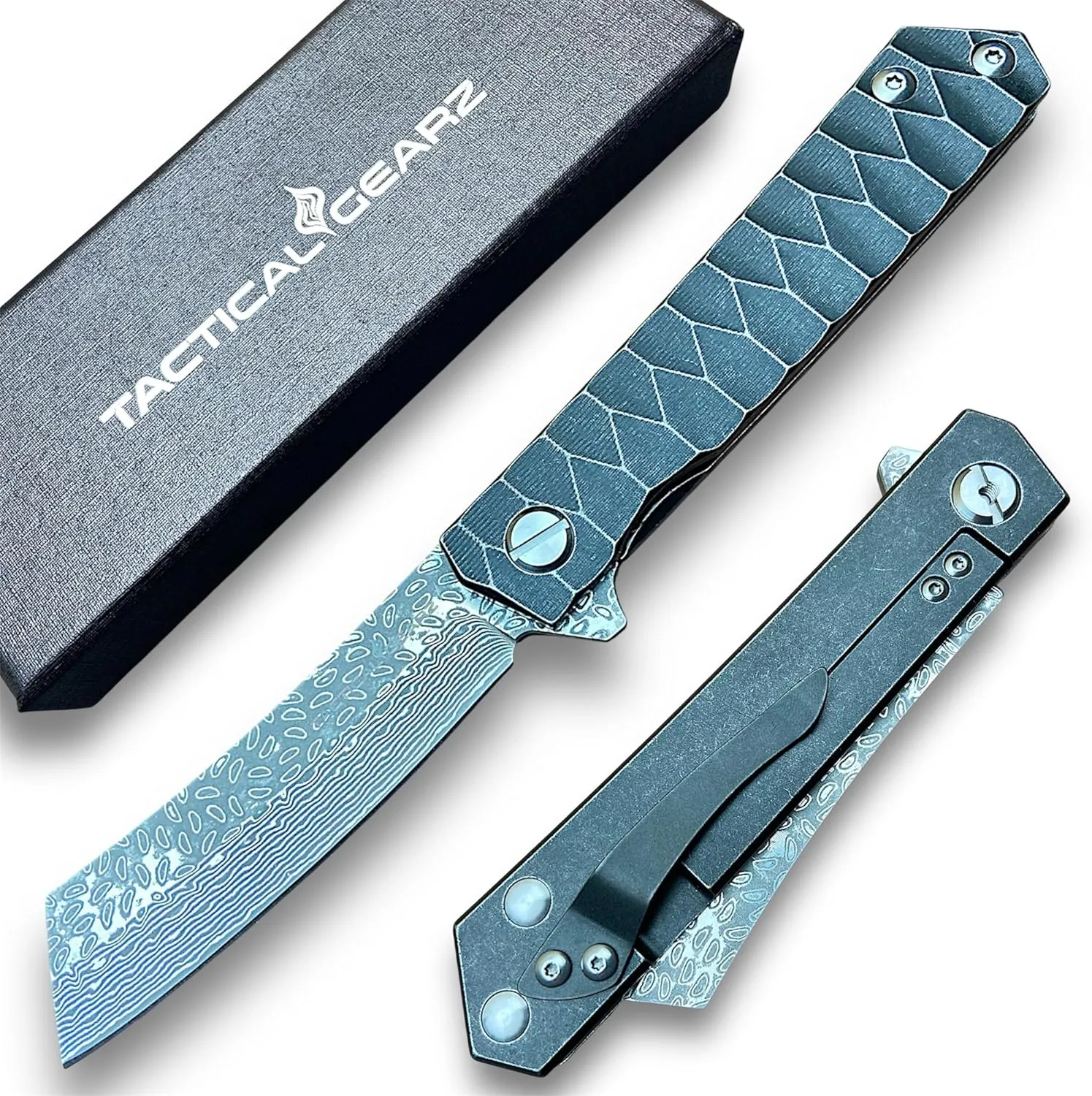 TACTICAL GEARZ Damascus Pocket Knife for EDC, Solid Tc4 Titanium Handle, Multi-Layered Damascus Steel VG10 Blade, Includes Sheath (Saint DXS)